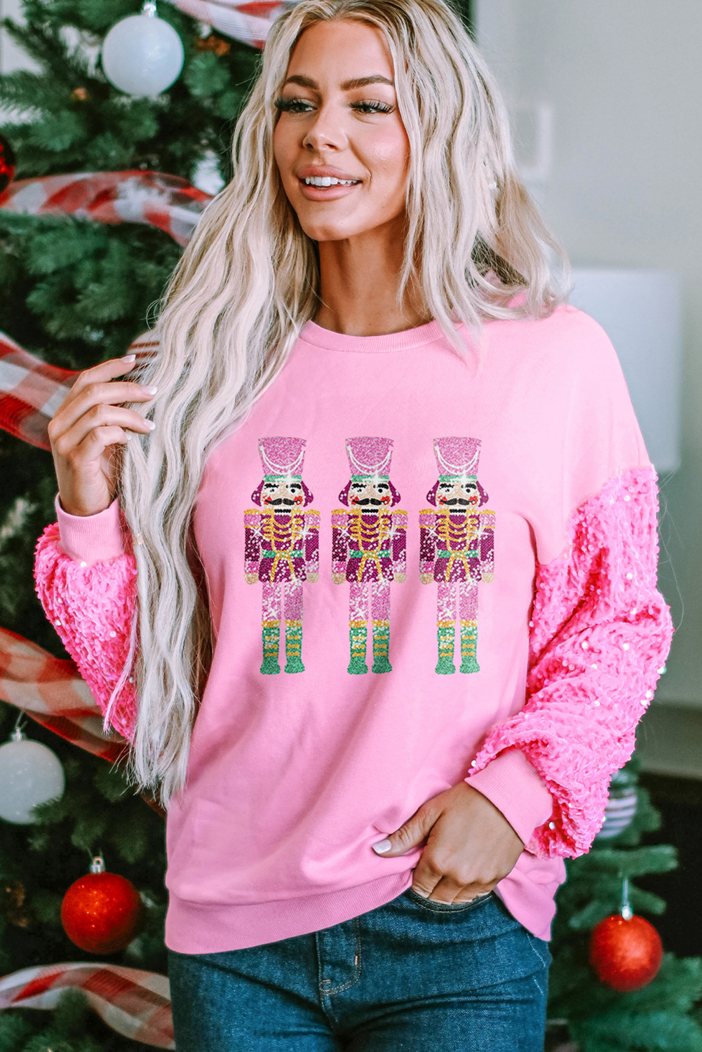 Pink Shiny Father Christmas Graphic Sequin Long Sleeve Top