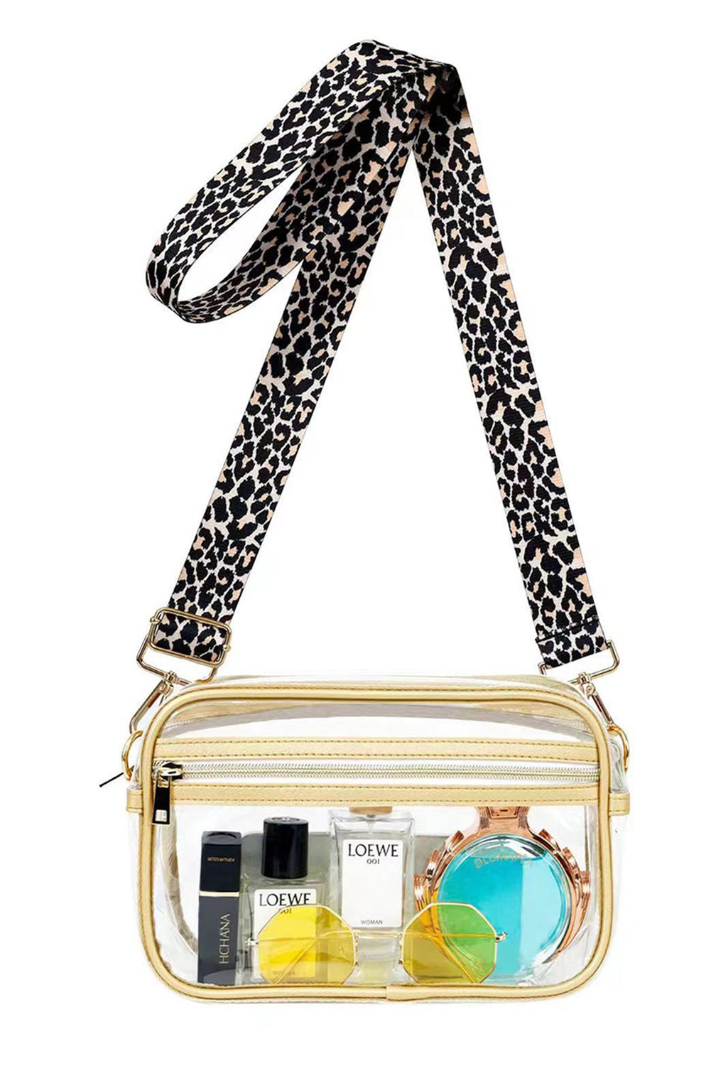 Black Leopard Strap Clear Crossbody Bag