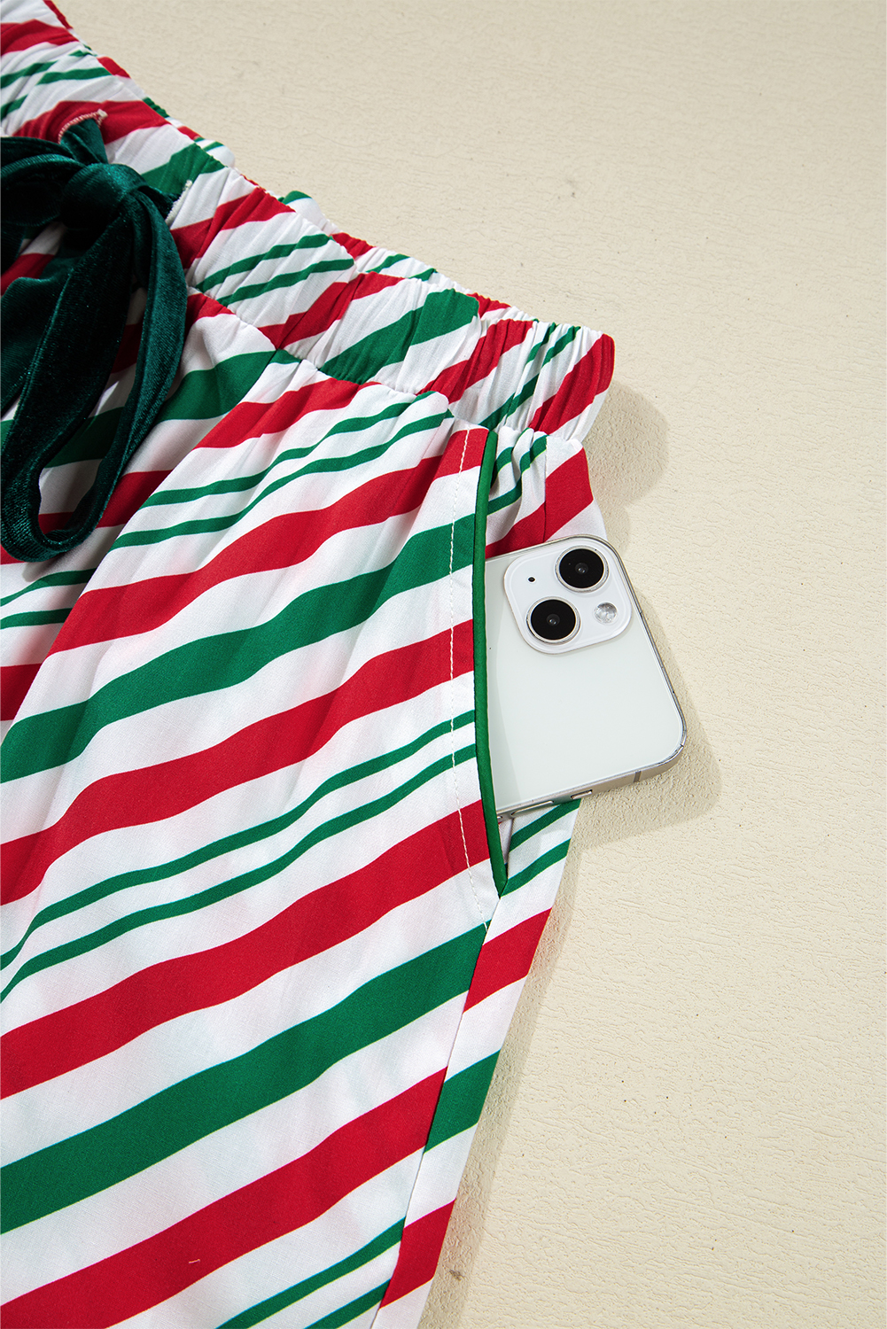 Green Stripe Contrast Velvet Ribbon Knot Christmas 2pcs Pajama Set