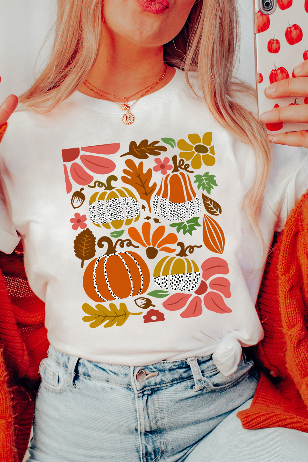 White Pumpkin Flower Print Fall Graphic Cotton Blend Tee