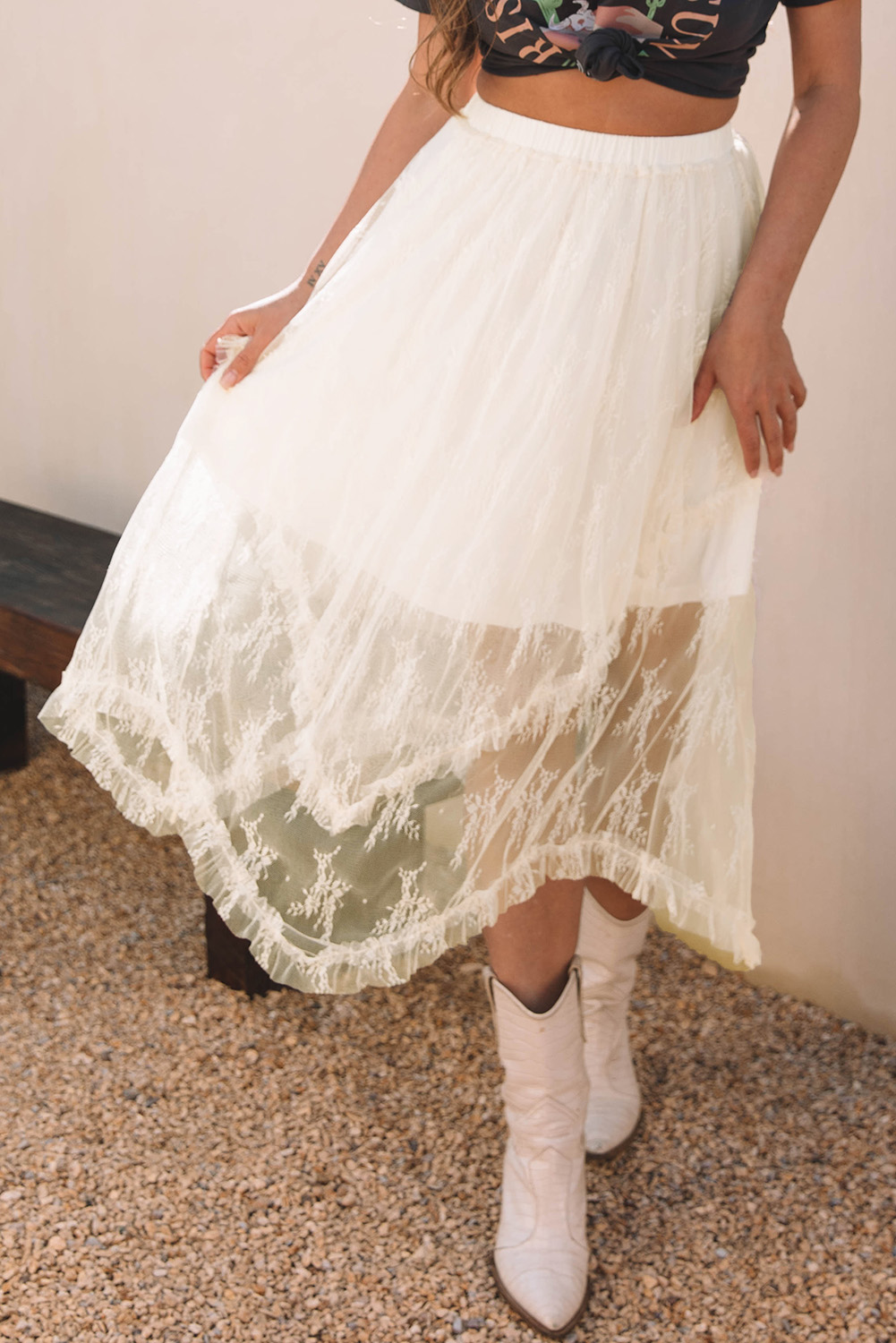 Apricot Lace Cascading Tiered High Waist Maxi Skirt