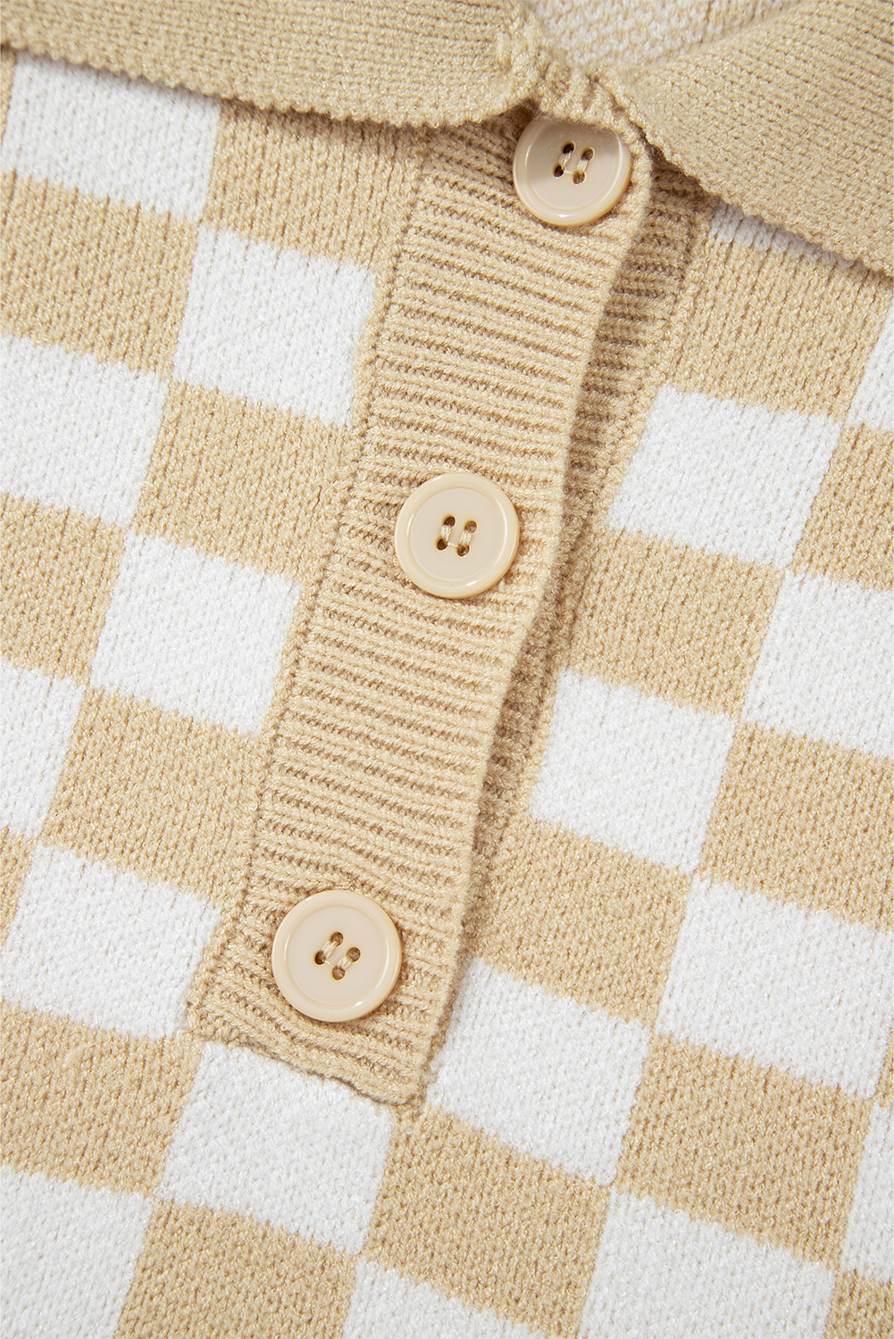 Pink Checkered Buttons Collar V Neck Drop Shoulder Sweater