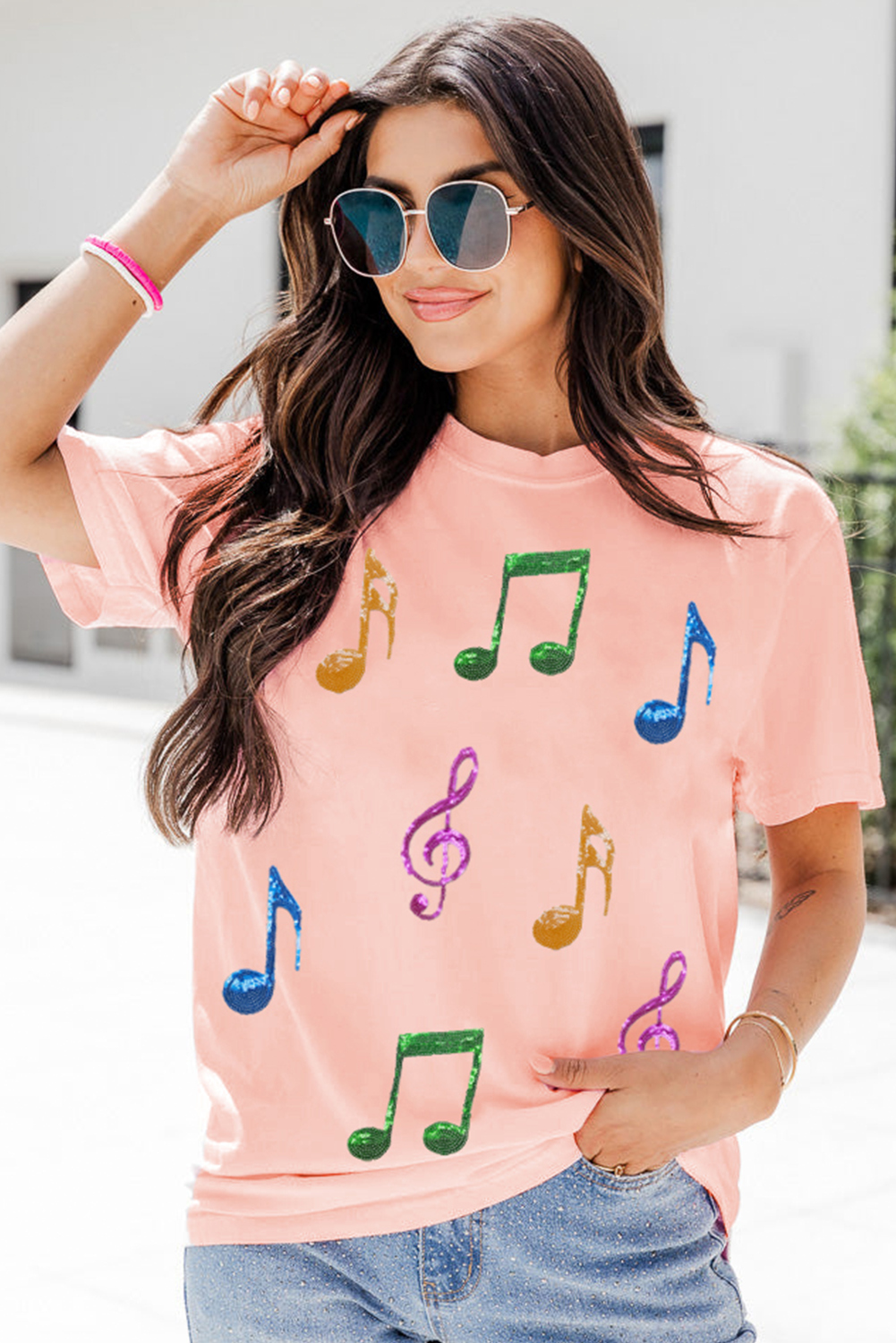 Pink Music Notes Patched Graphic Casual T Shirt