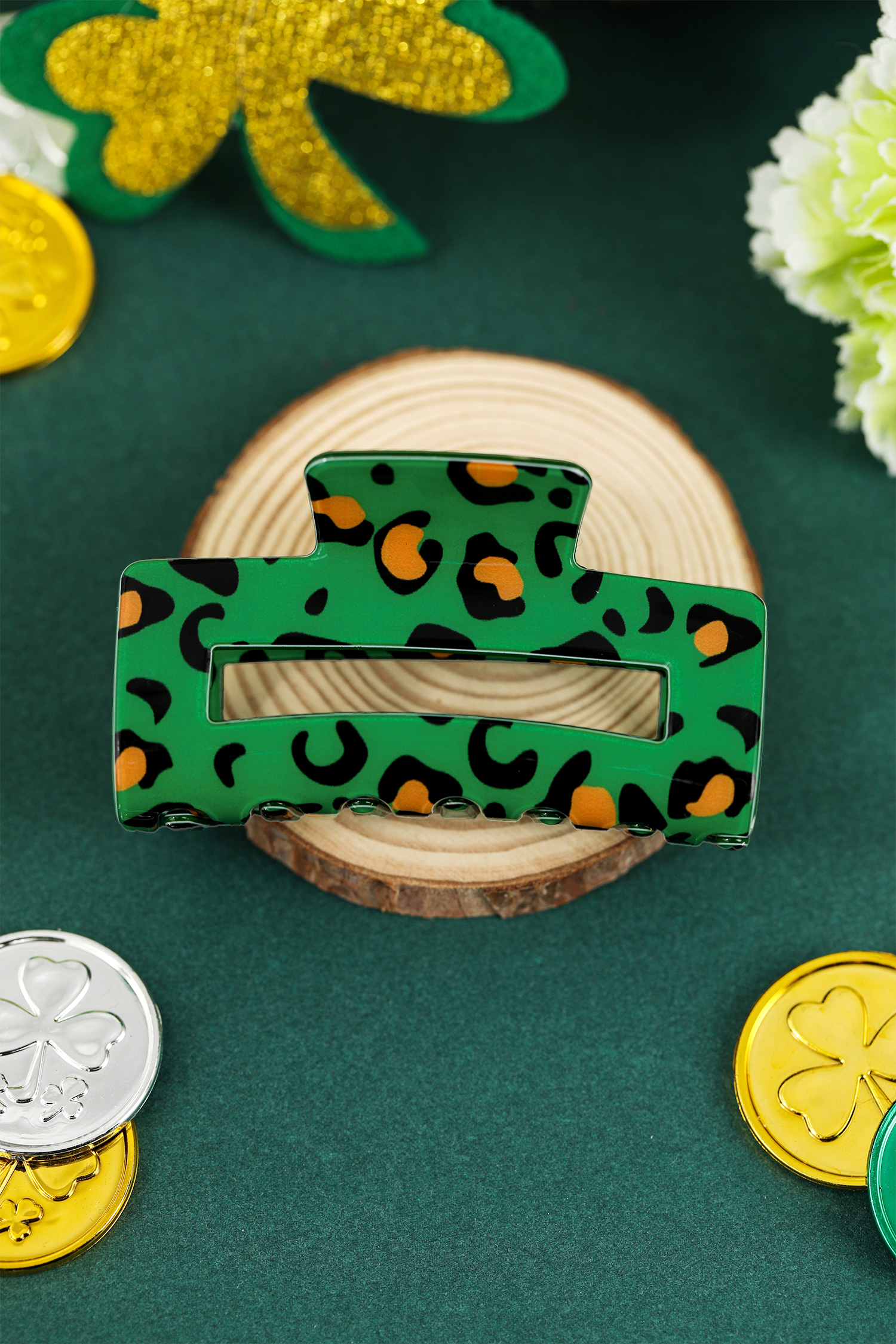 Dark Green Leopard Print Square Hollowed Plastic Hair Claw Clip