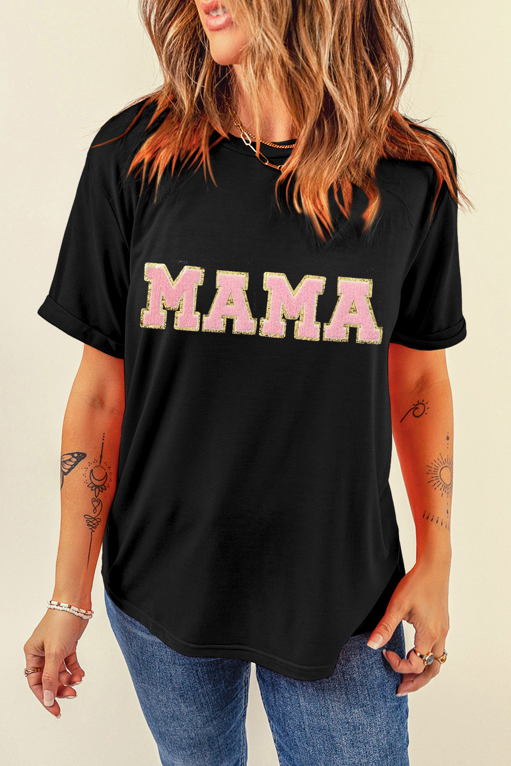 White MAMA Leopard Embroidered Crew Neck Graphic Tee