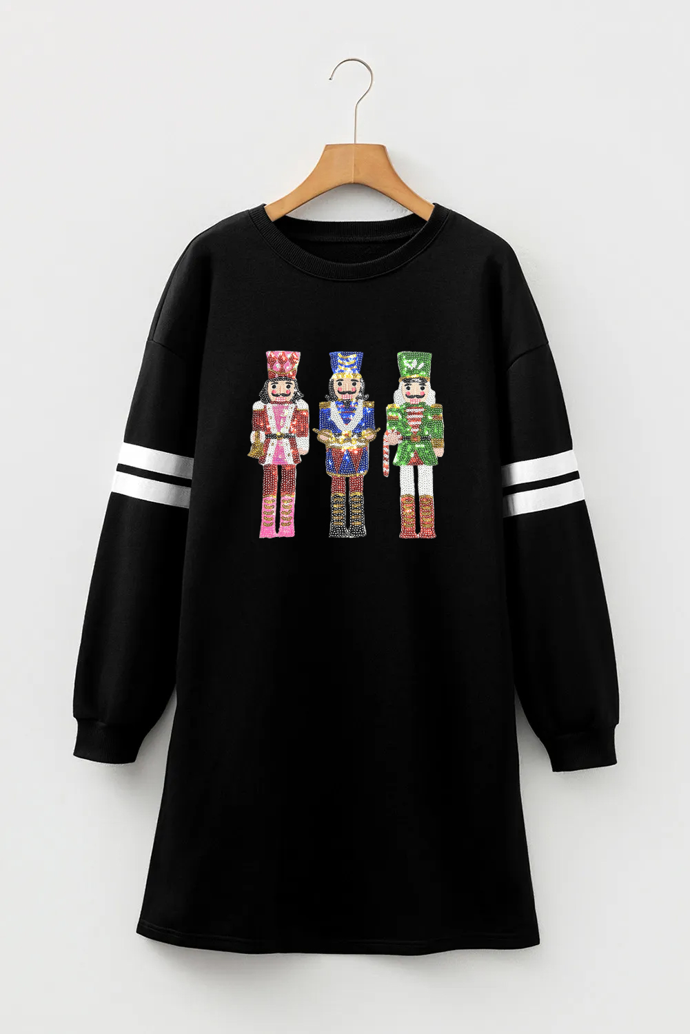 Black Christmas Sequin Nutcracker-man Graphic Varsity Striped Sleeve Sweatshirt Dress