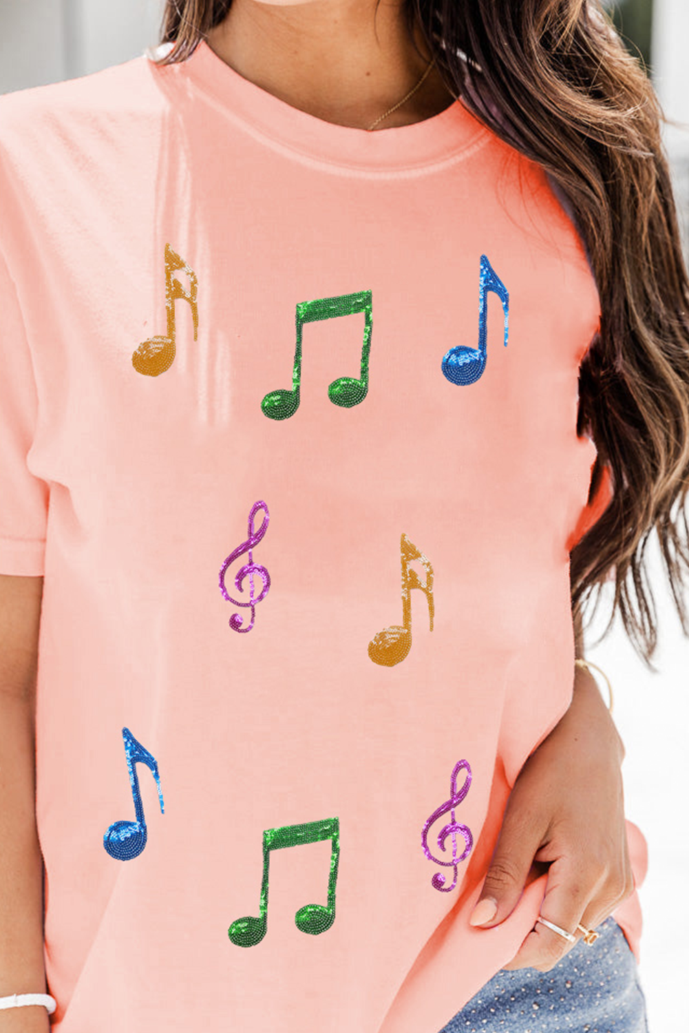 Pink Music Notes Patched Graphic Casual T Shirt