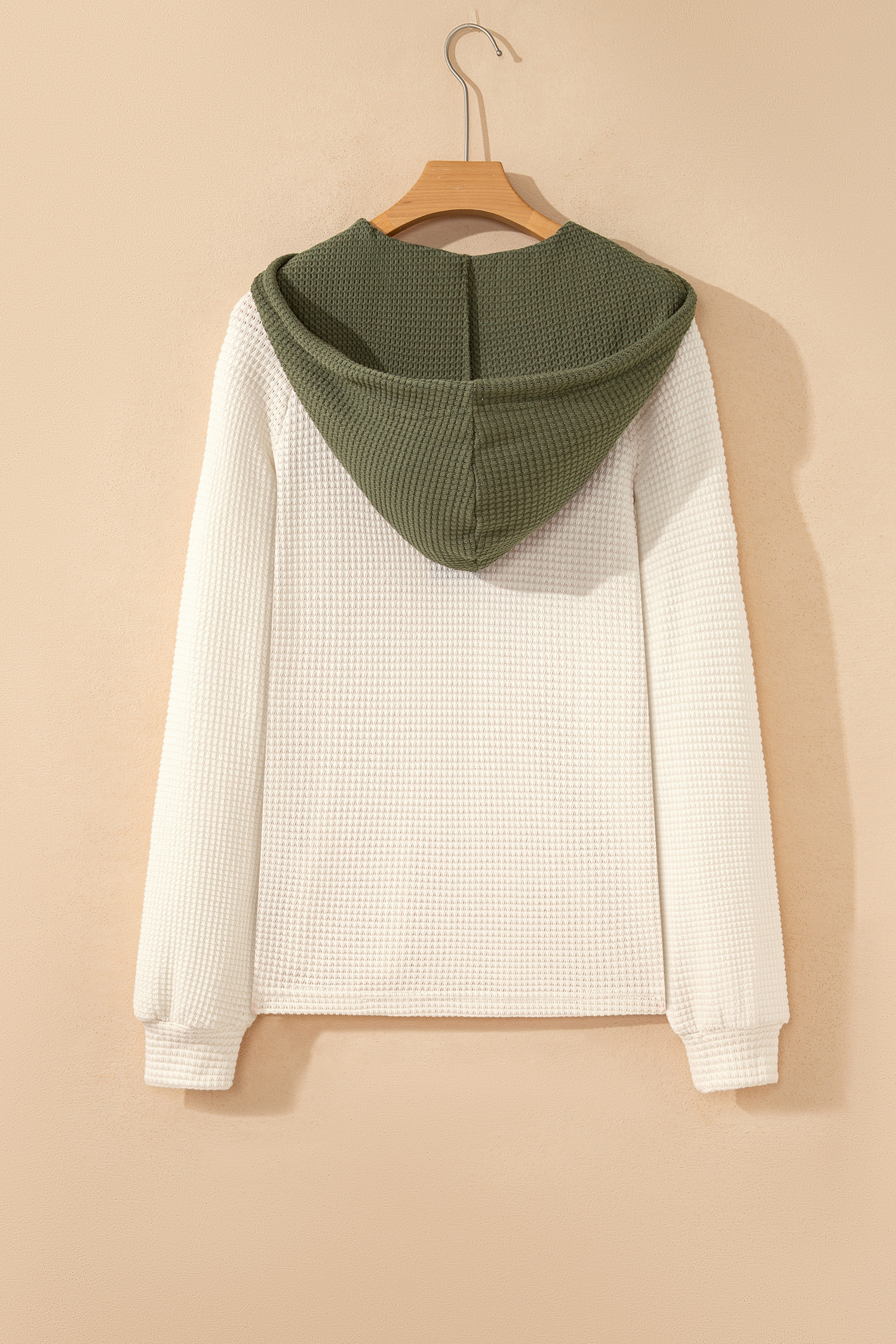 Coffee Waffle Contrast Half Buttoned Hooded Pullover Top