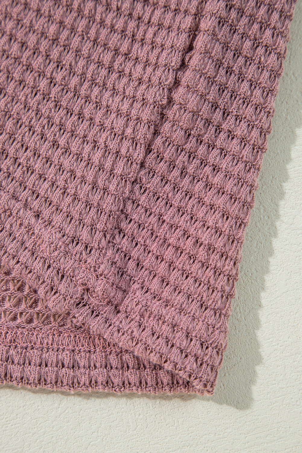 Pink Waffle Knit V Neck Long Sleeve Babydoll Top