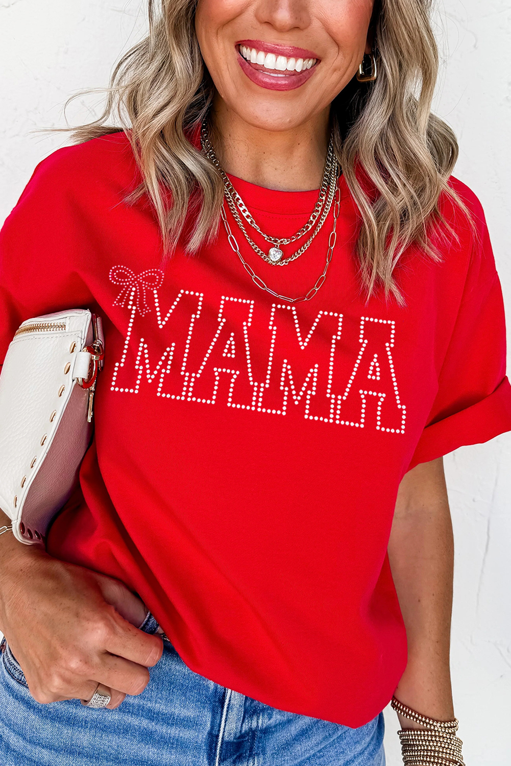 Red Rhinestone MAMA Bow Knot Pattern Crew Neck Loose Tee
