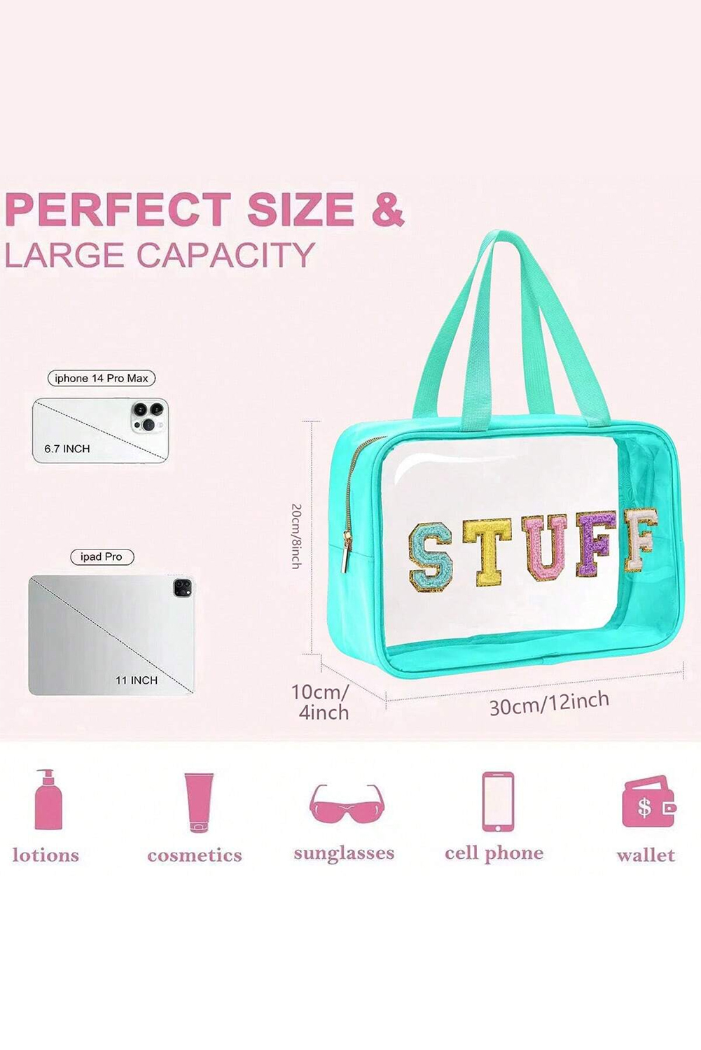 Light Pink TRAVEL Chenille Letter Clear PVC Makeup Bag