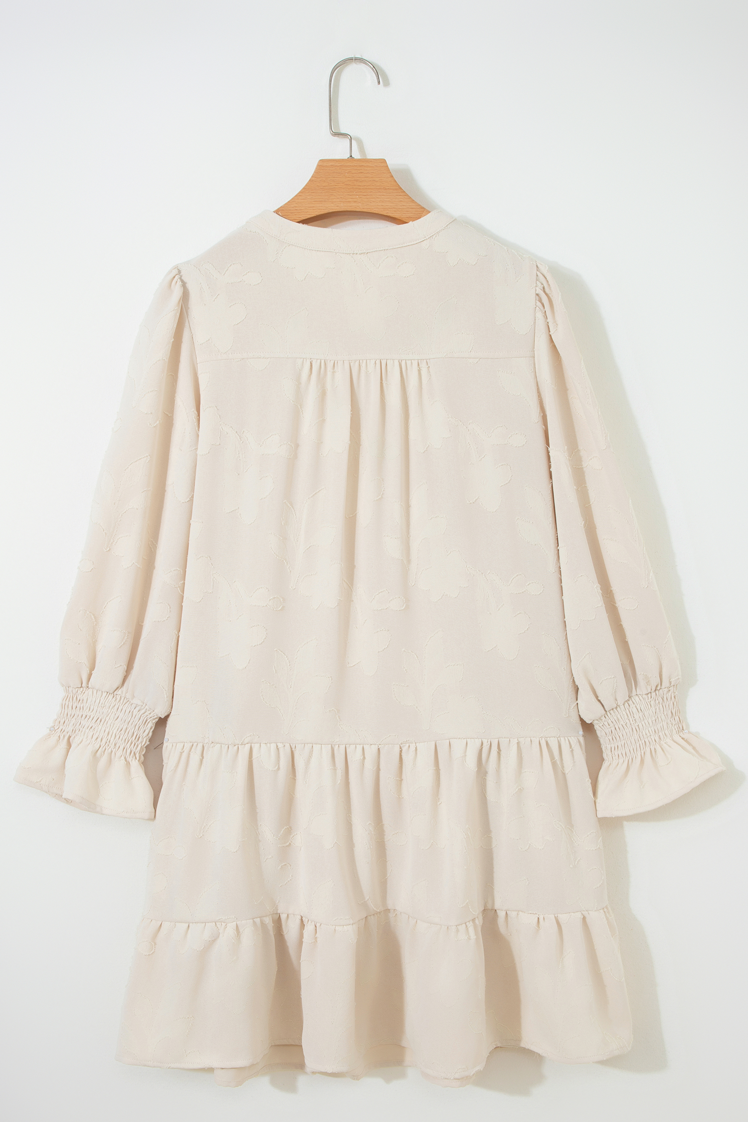 Parchment Long Sleeve Notched Neck Jacquard Tiered Mini Dress