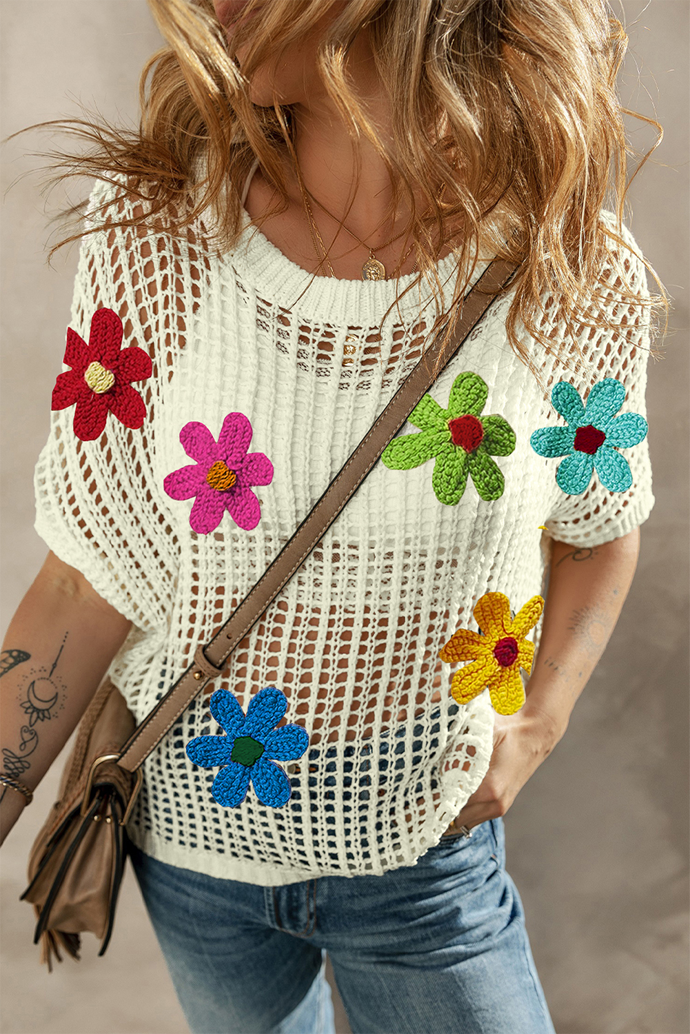 Light French Beige Crochet Flower Hollow-out Sweater T Shirt