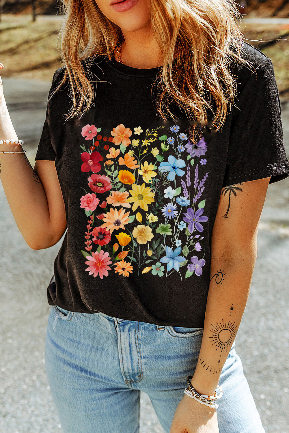 Black Beautiful Flower Print Cotton Blend Casual Tee