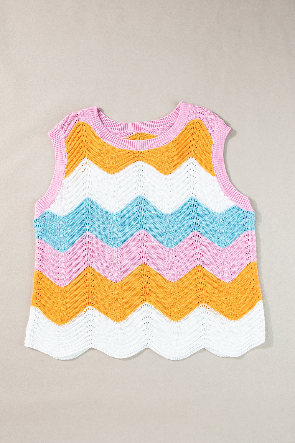 Multicolour Wavy Striped Print Textured Knit Sleeveless Sweater Top