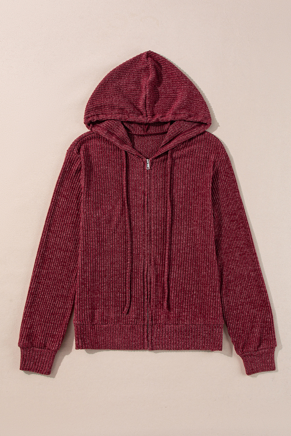Dark Grey Ribbed Zip Up Front Drawstring Hoodie