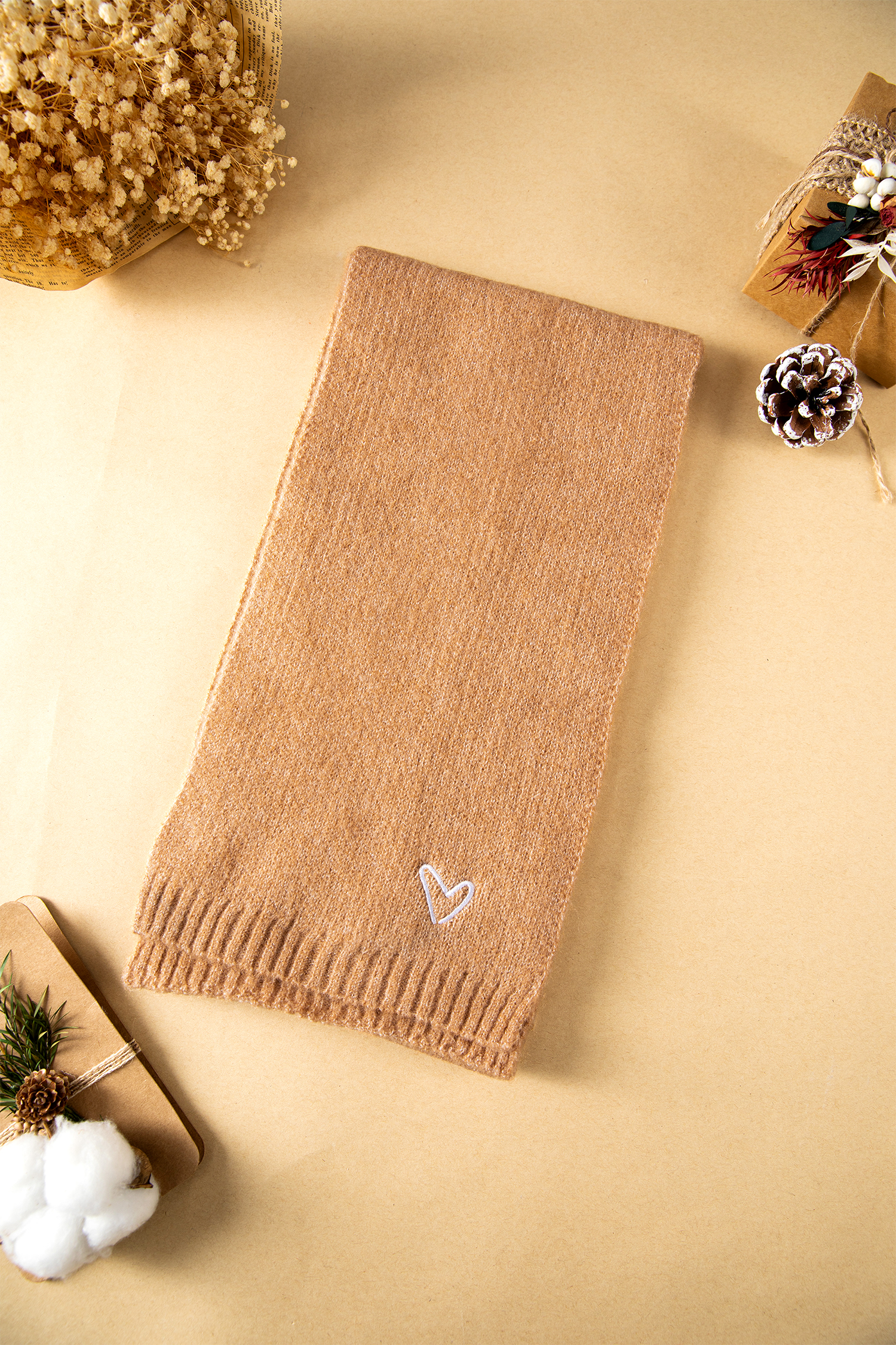 Thai Curry Tiny Heart Embroidered Detail Ribbed Trim Warm Knit Scarf