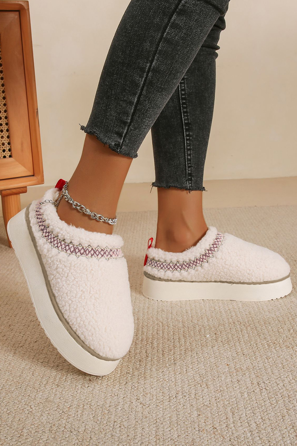 Oatmeal Embroidered Sherpa Plush Thick Sole Snow Boots