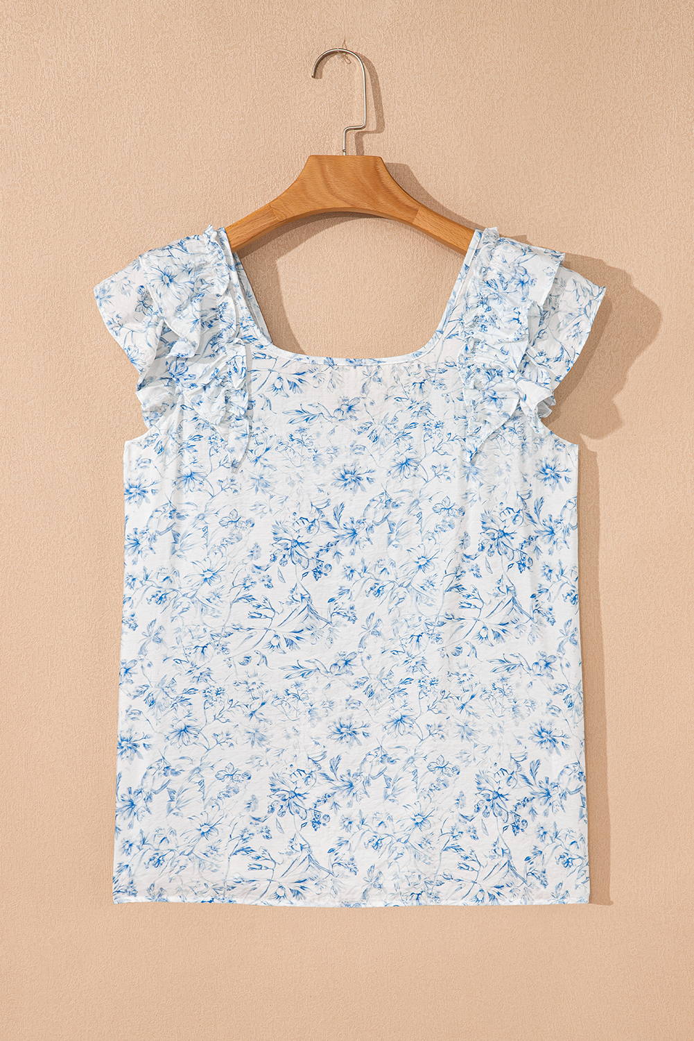 Beau Blue Textured Bow Knot Frilled Butterfly Sleeve Blouse
