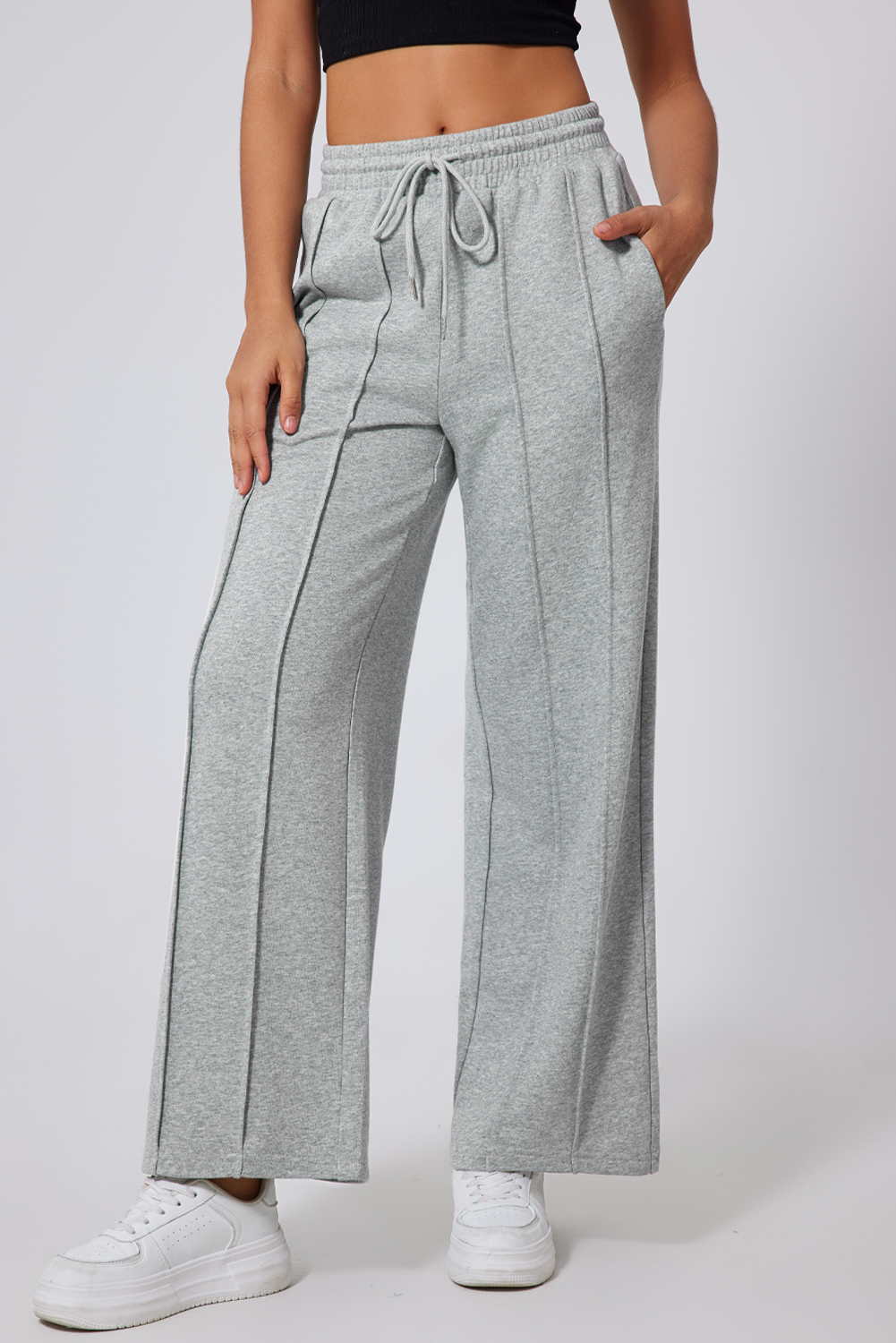 Black Seamed Drawstring High Waist Wide Leg Sweatpants