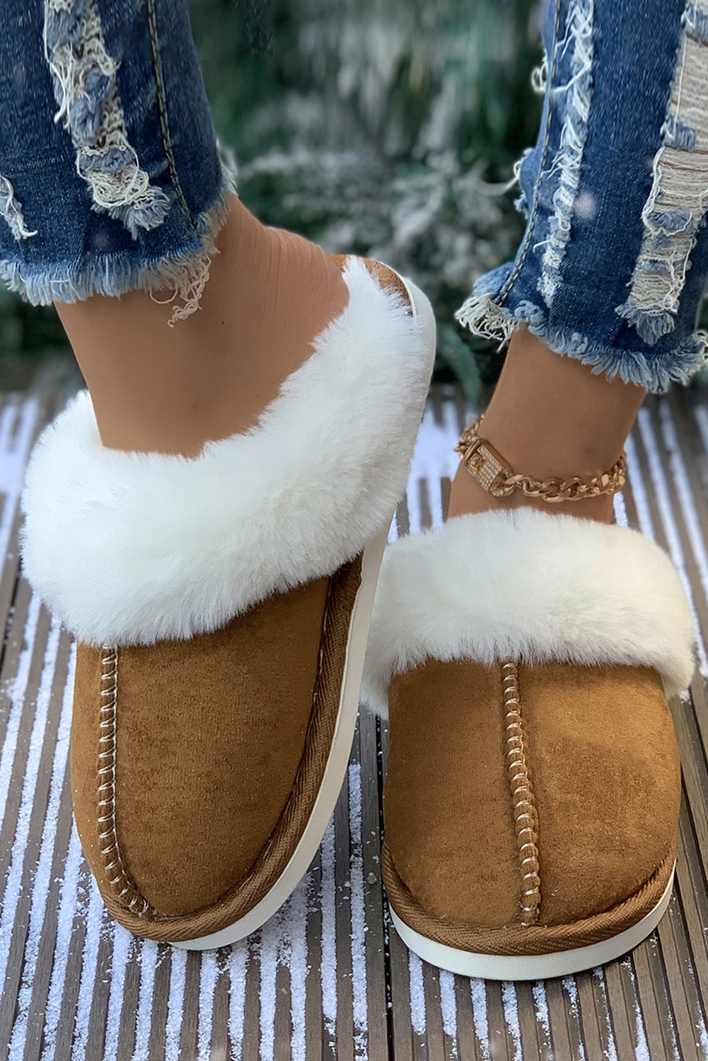 Khaki Cut and Sew Faux Suede Plush Lined Slippers