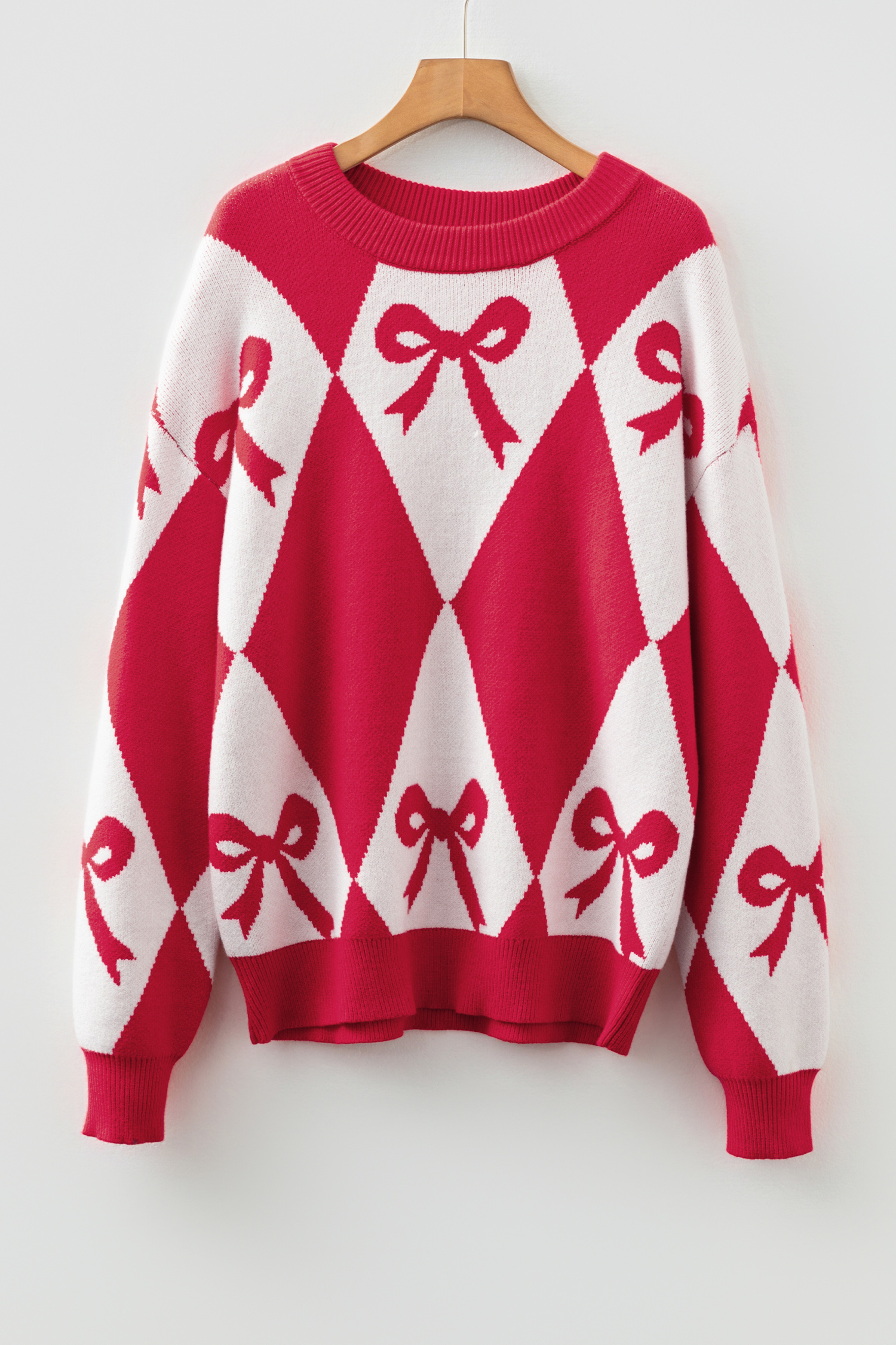 Black Bow Print 2-tone Rhombus Knit Loose Sweater