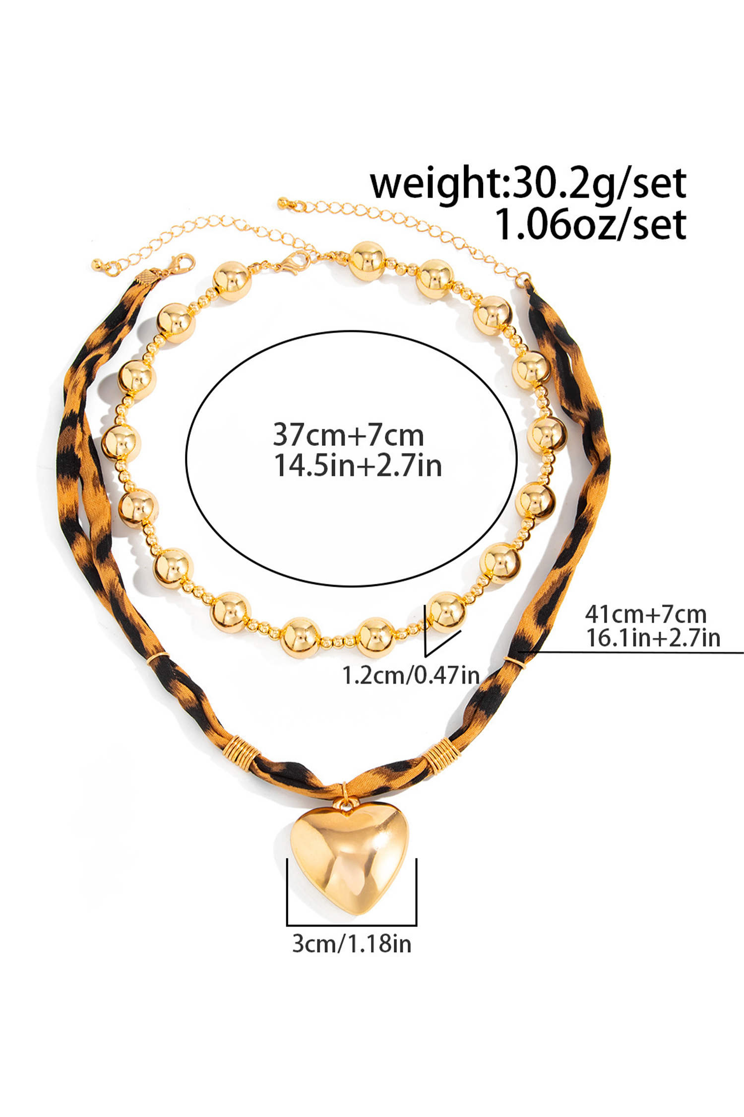 Gold Plated Mixed Beads Heart Charm Leopard Scarf 2pcs Necklace Set