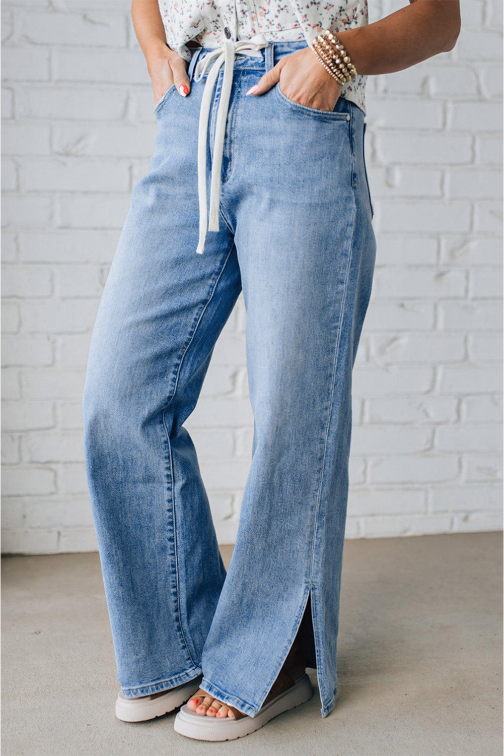 Myosotis Slit Leg High Rise Drawstring Casual Jeans