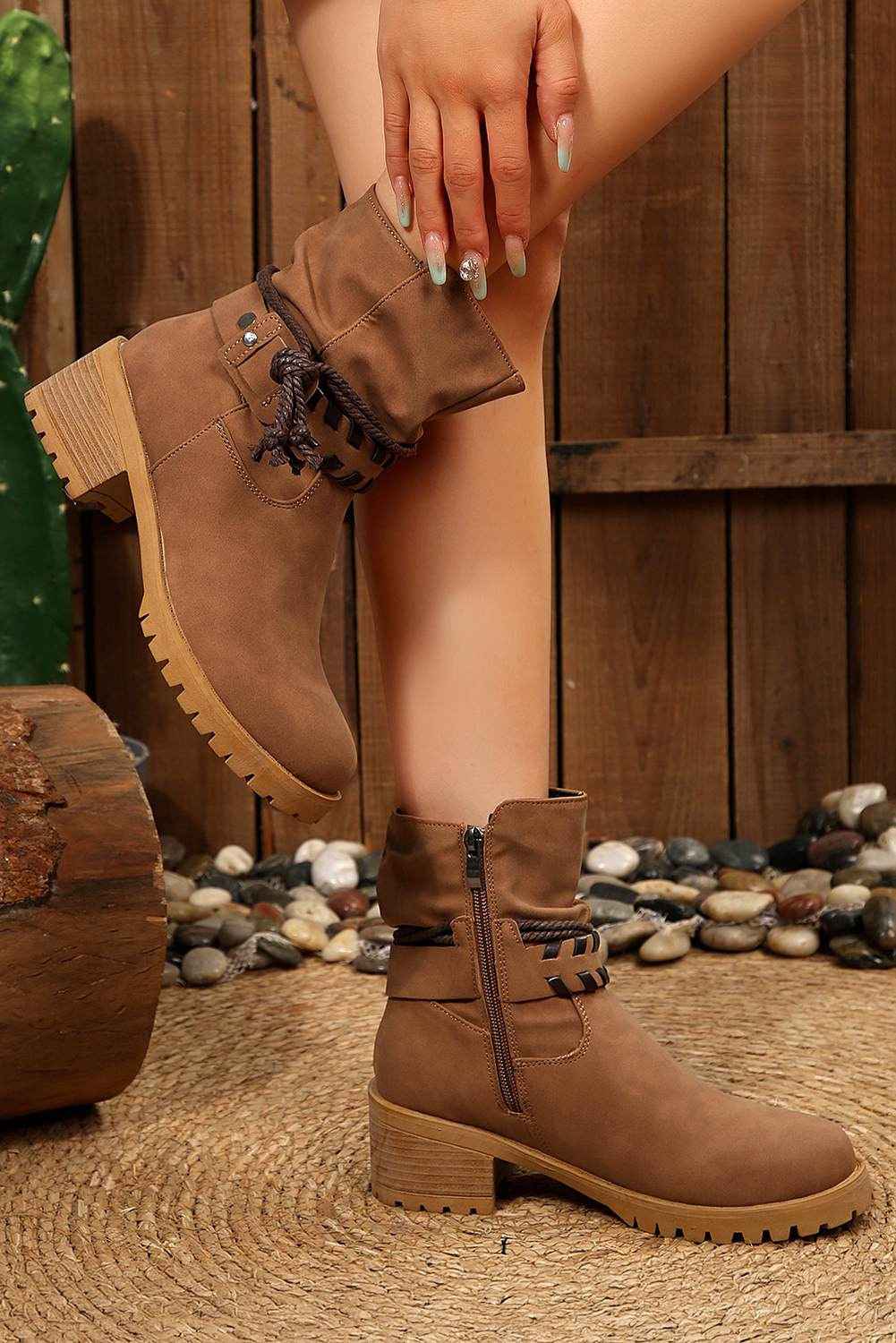 Chestnut Faux Suede Contrast Rope Detail Side Zip Boots