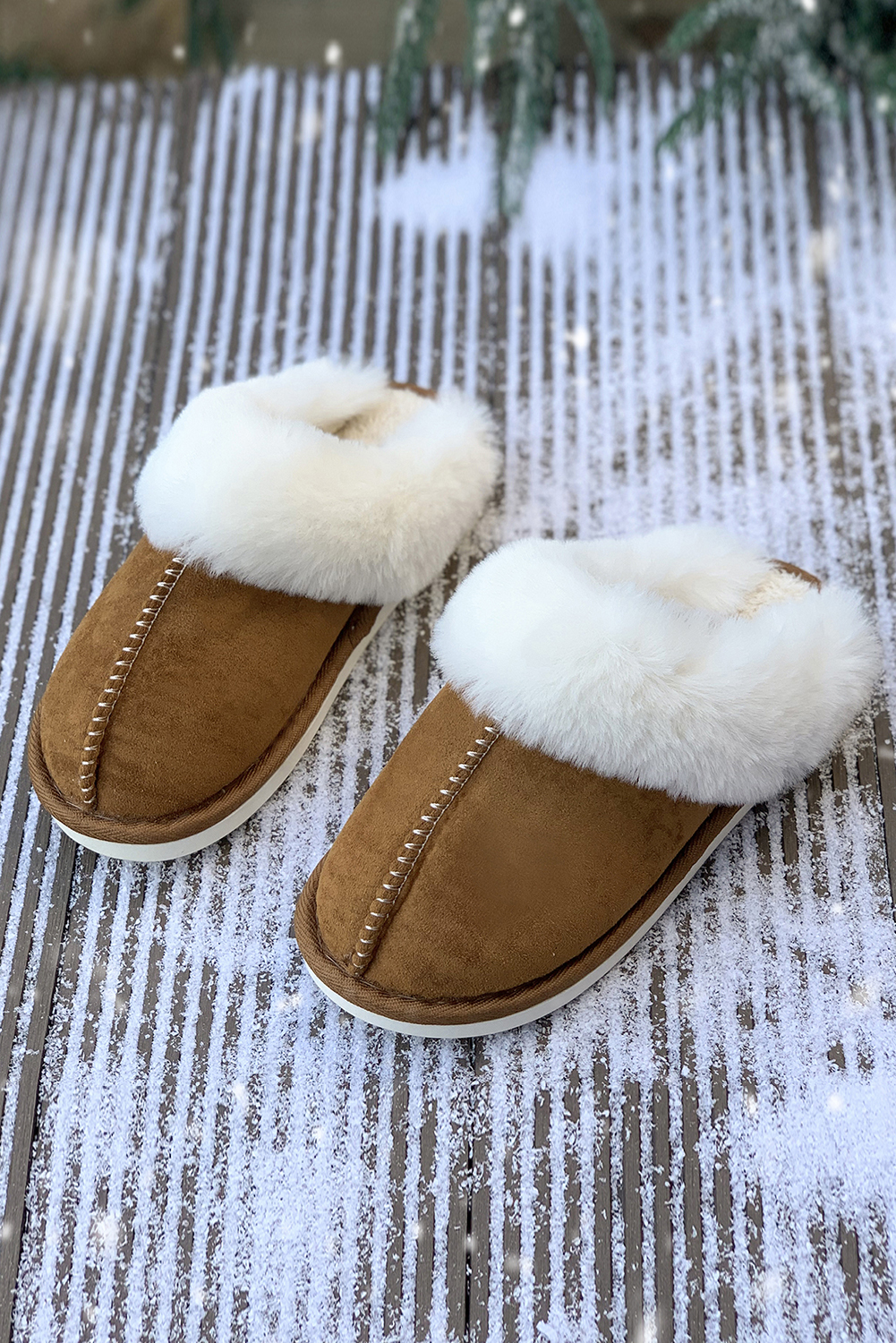 Khaki Cut and Sew Faux Suede Plush Lined Slippers