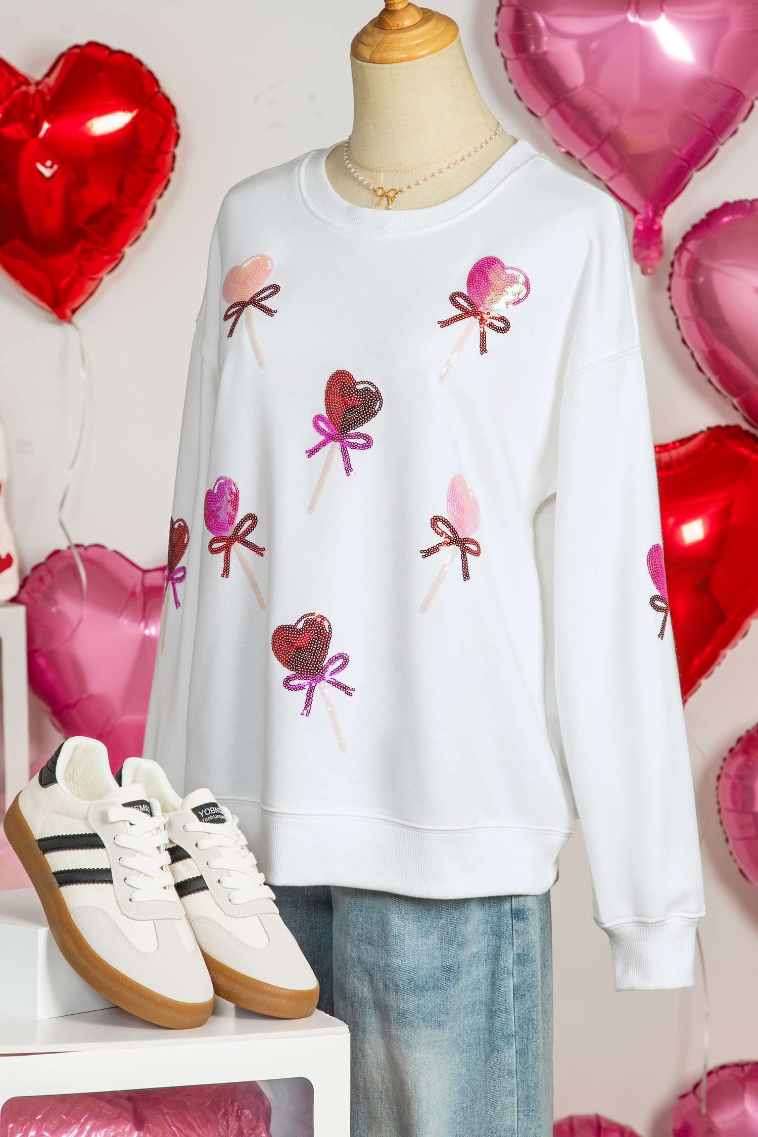 White Sequin Bow Heart Shape Lolly Valentines Day Graphic Sweatshirt