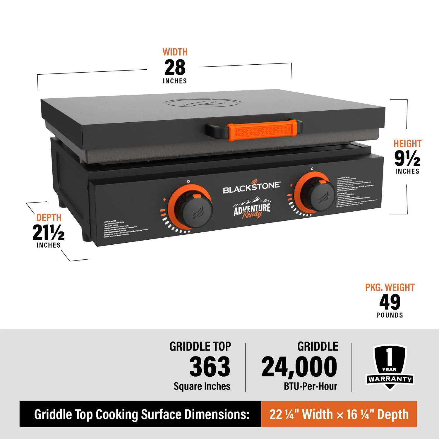 Blackstone Adventure Ready 22′′ Propane Griddle Gift Bundle, Black – Includes Griddle, Hardcover, Carry Bag, 24,000 BTU Burners, Rear Grease System