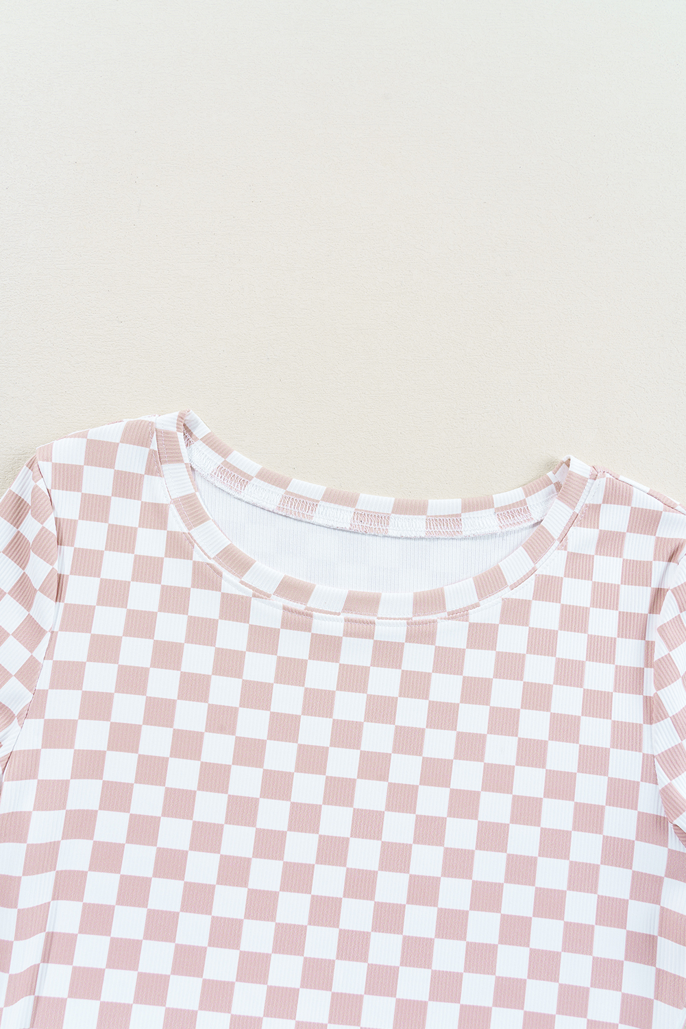 Pink Checkered Ribbed Slim Fit Crew Neck T Shirt