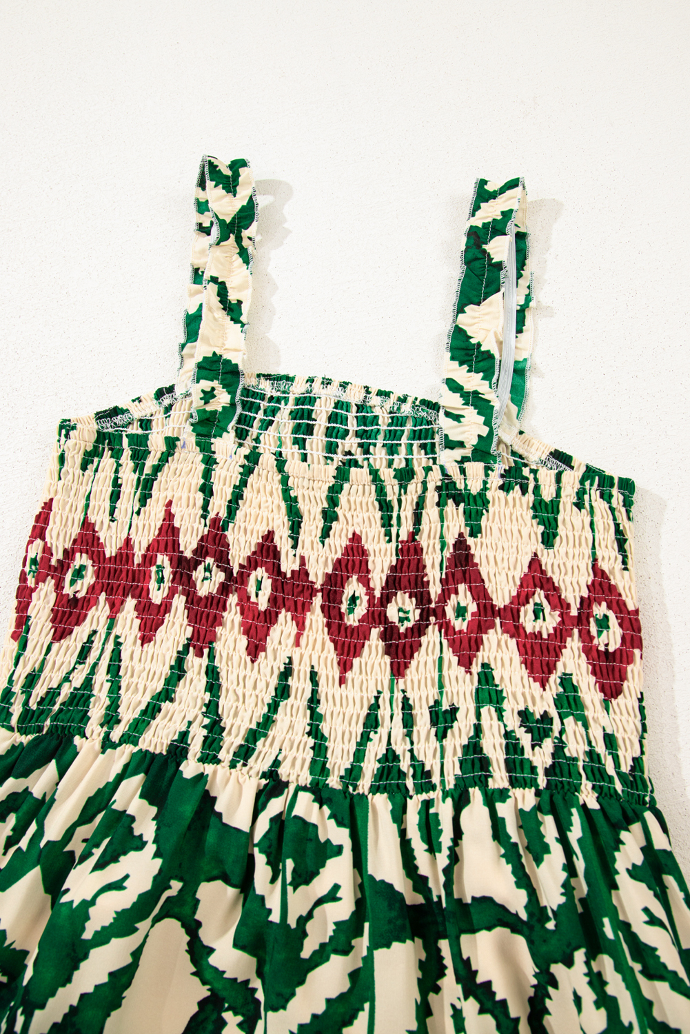 Green Western Aztec Shirred A-line Sleeveless Maxi Dress
