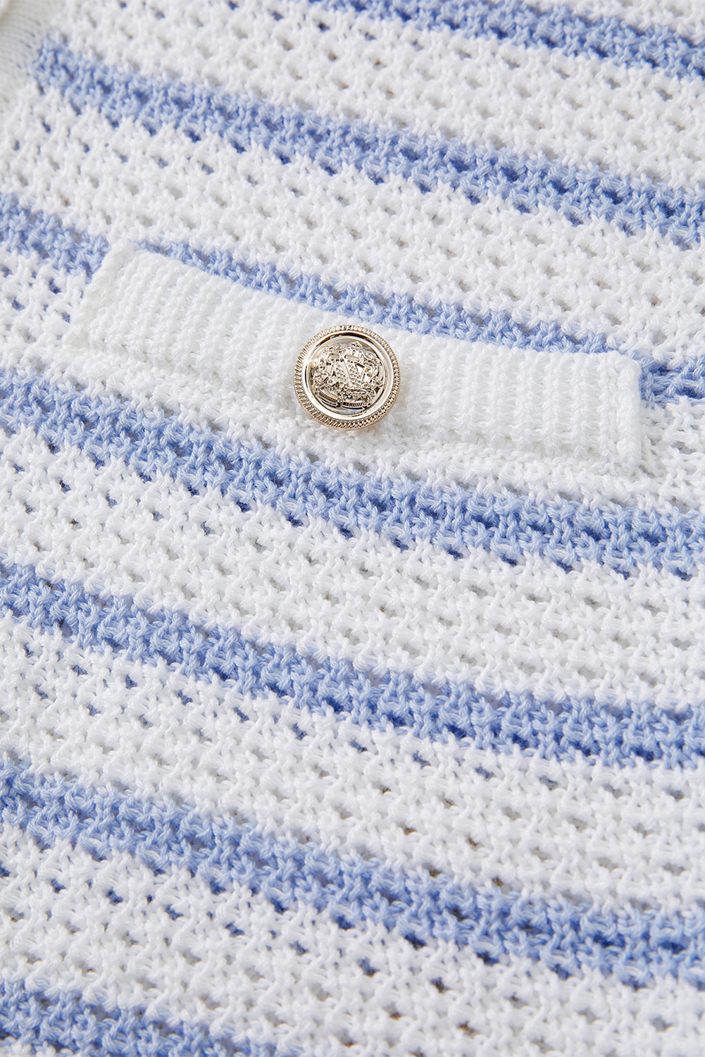 Sky Blue Stripe V Neck Gold Buttons Elegant Sweater Vest