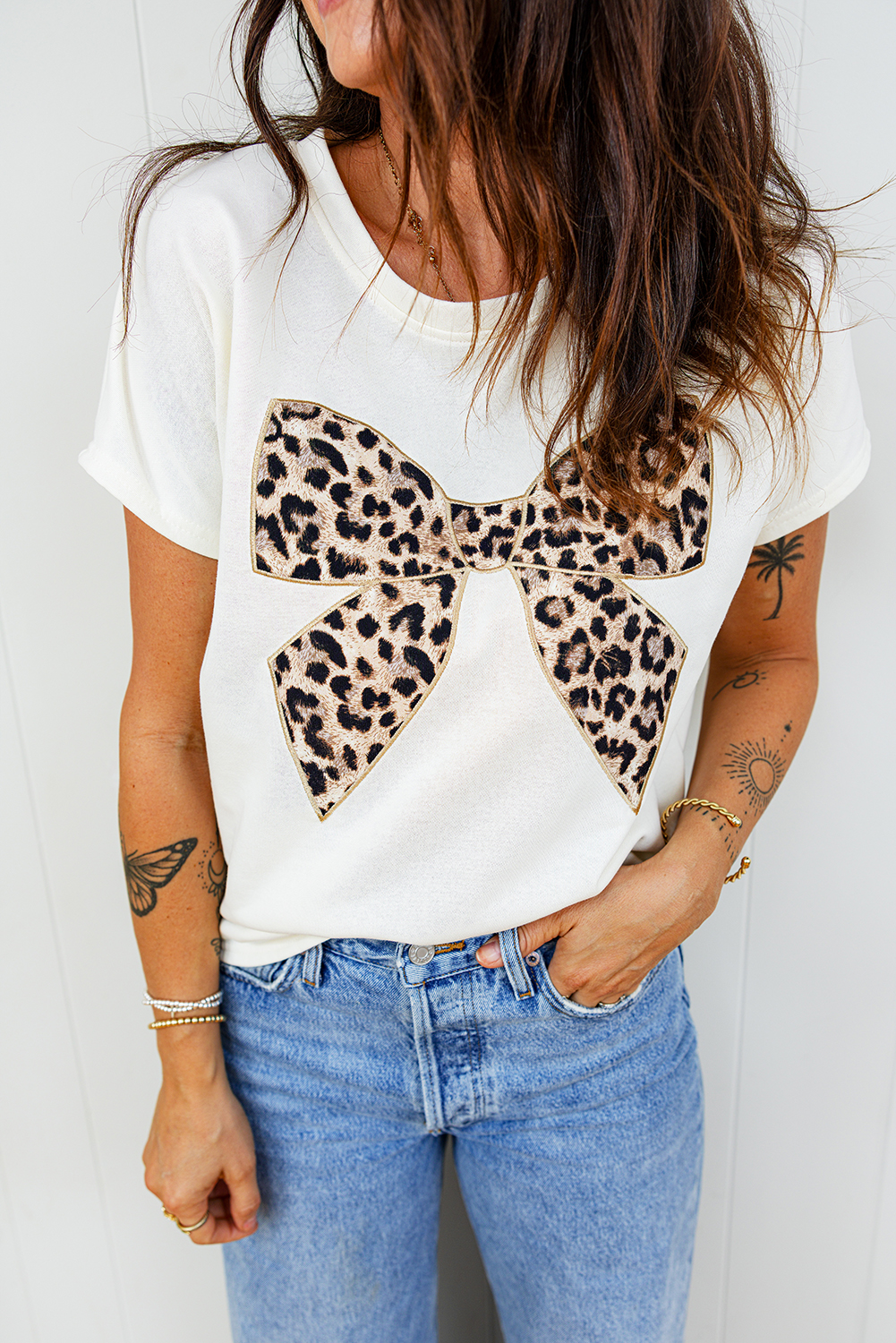 Pink Leopard Bow Embroidered Cotton Round Neck T Shirt
