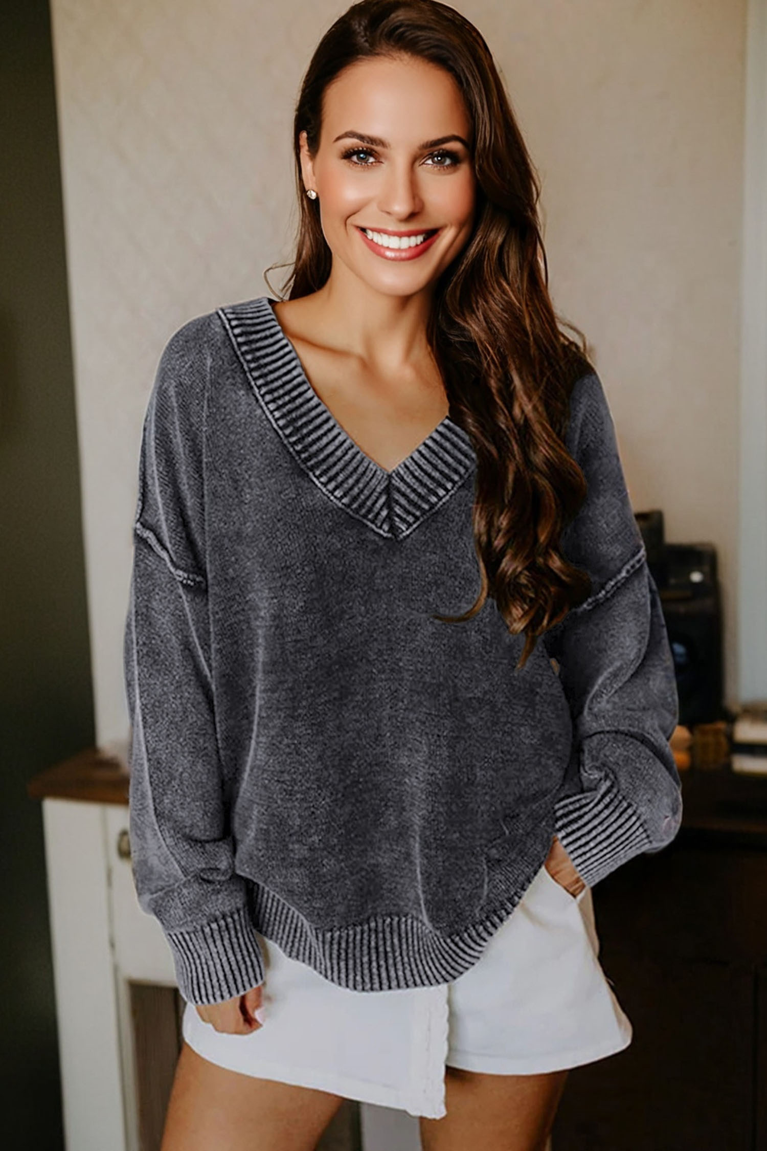 Four Leaf Clover Mineral Wash V Neck Knit Exposed Seam Drop Shoulder Loose Sweater