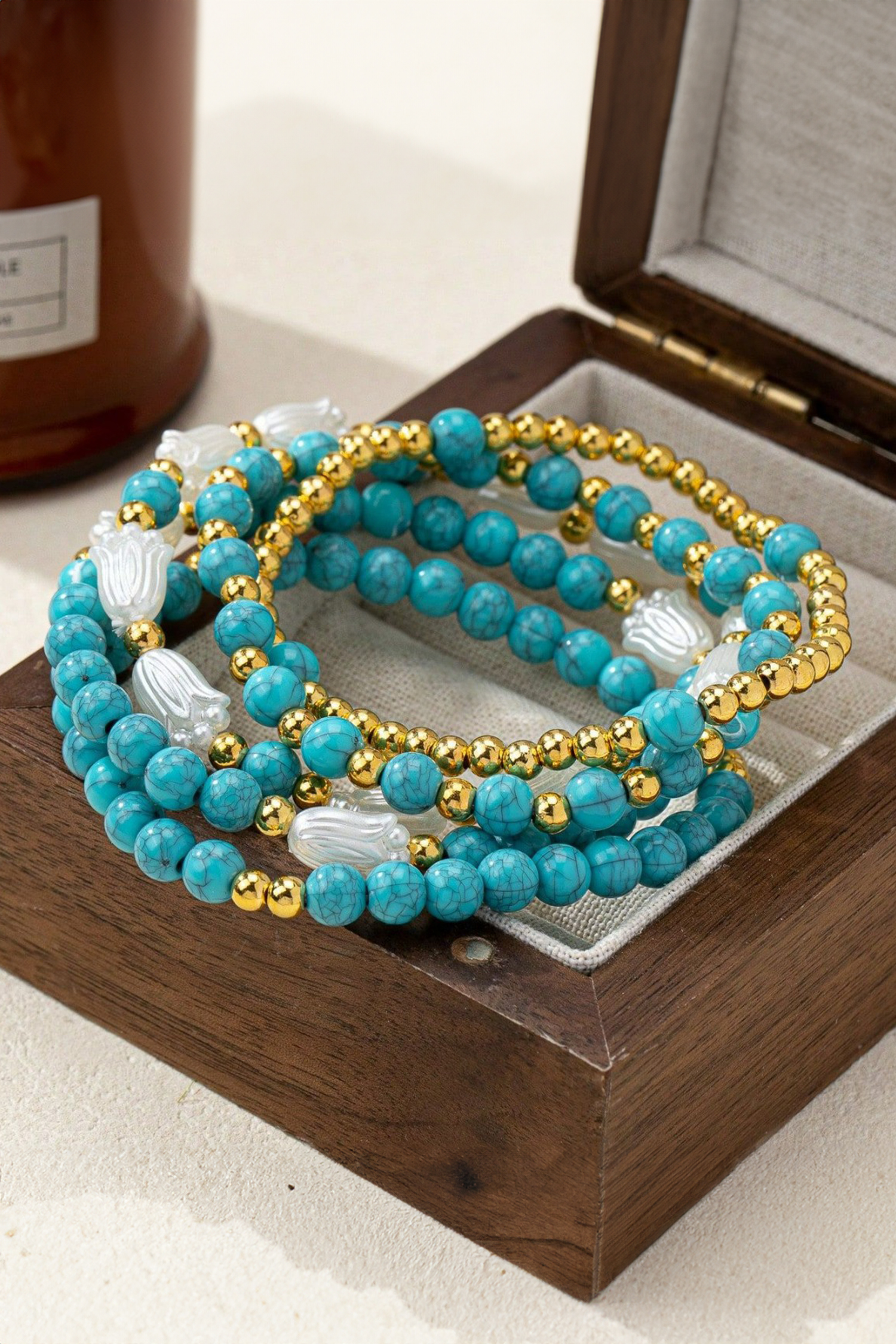 Turquoise Mixed Golden Beads Pearlish Detail 5pcs Bracelet Set
