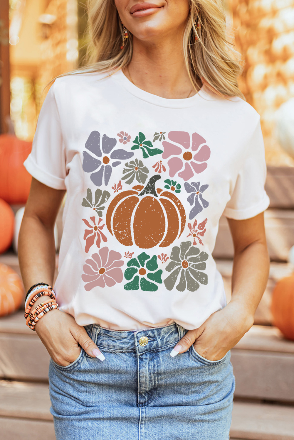 White Flower Pumpkin Distressed Graphic T Shirt