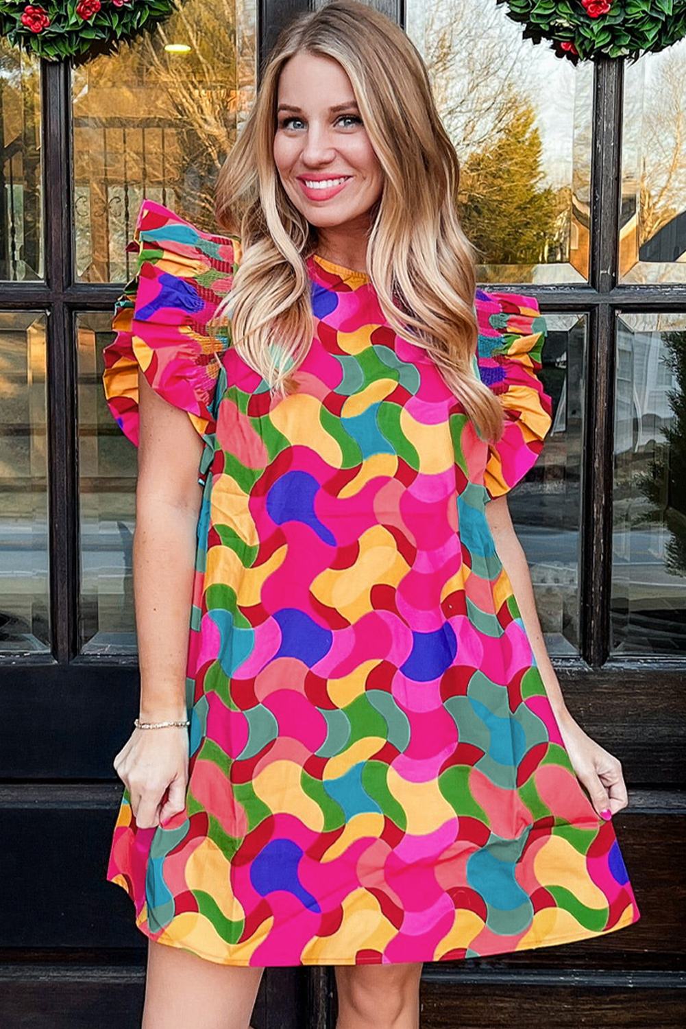 Rose Red Dramatic Ruffle Sleeve Smock Neck Wavy Print Top