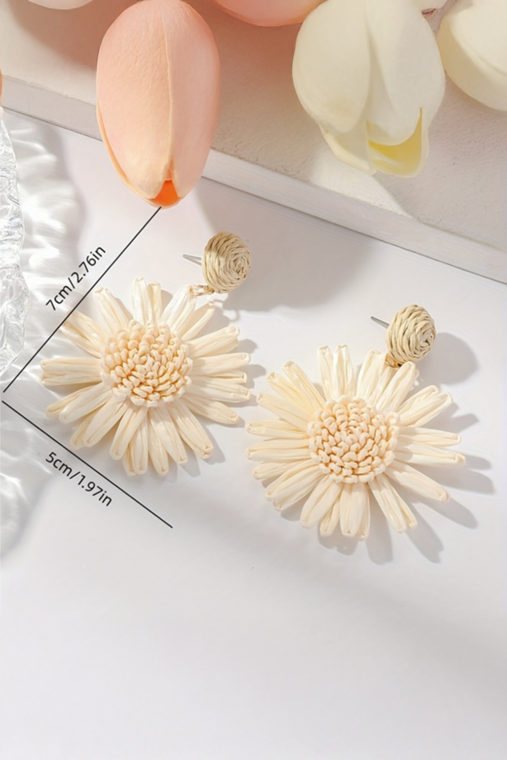 White Boho Raffia Crochet Sunflower Dangle Earrings