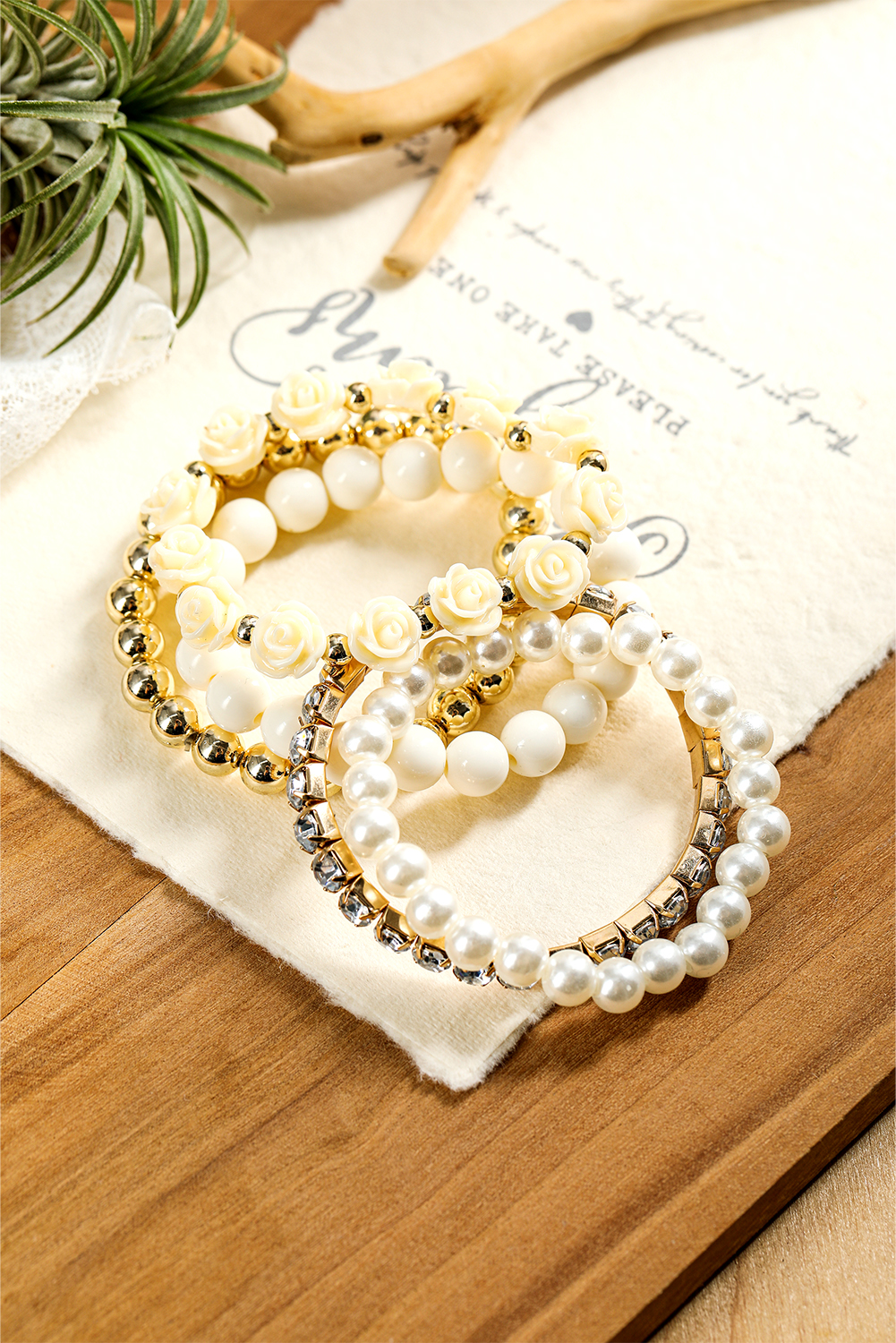 Black Flower Rhinestone Beaded Multi Layer Bracelet Set