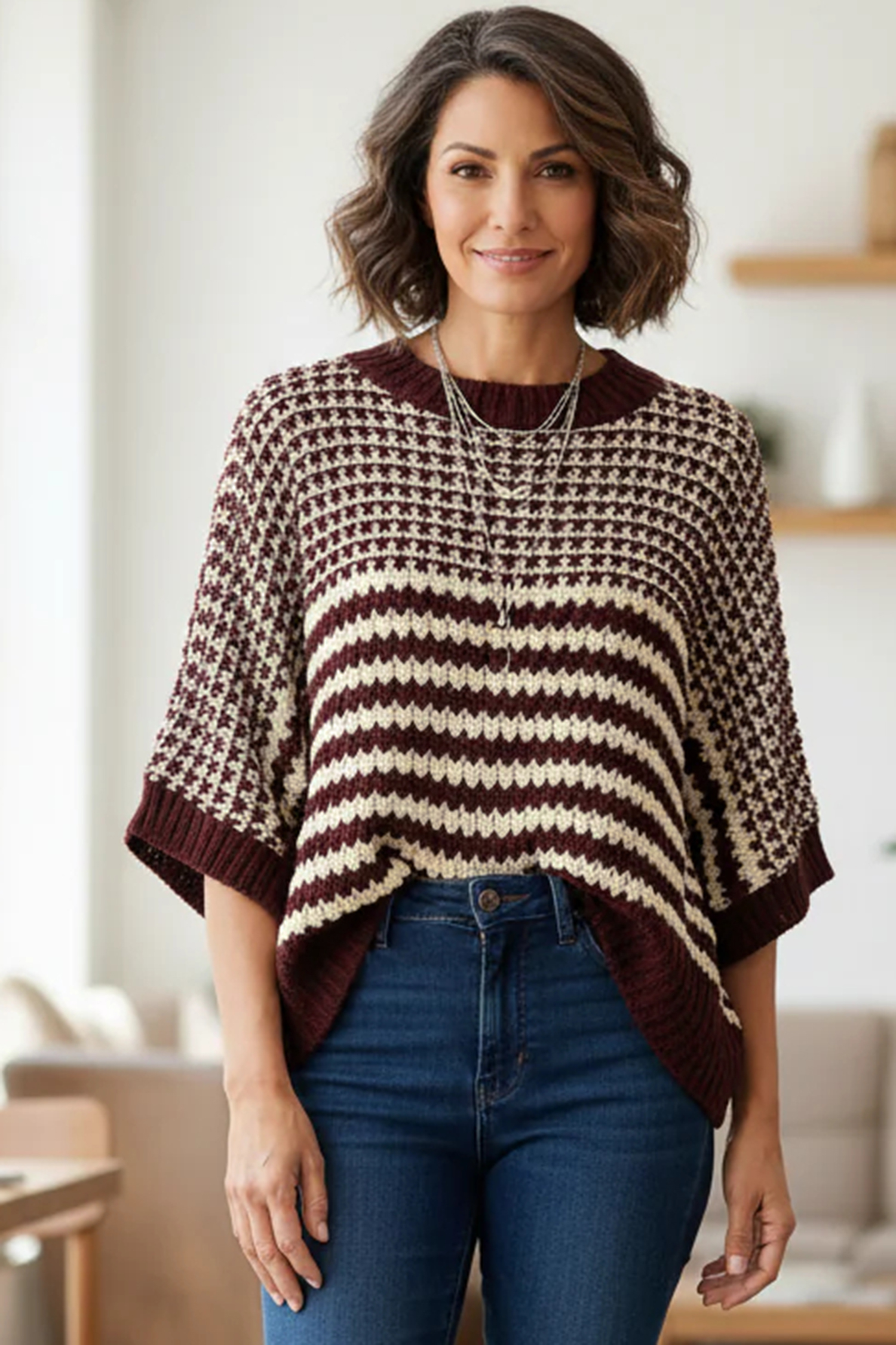 Black Stripe 3/4 Draped Sleeve Slouchy Sweater