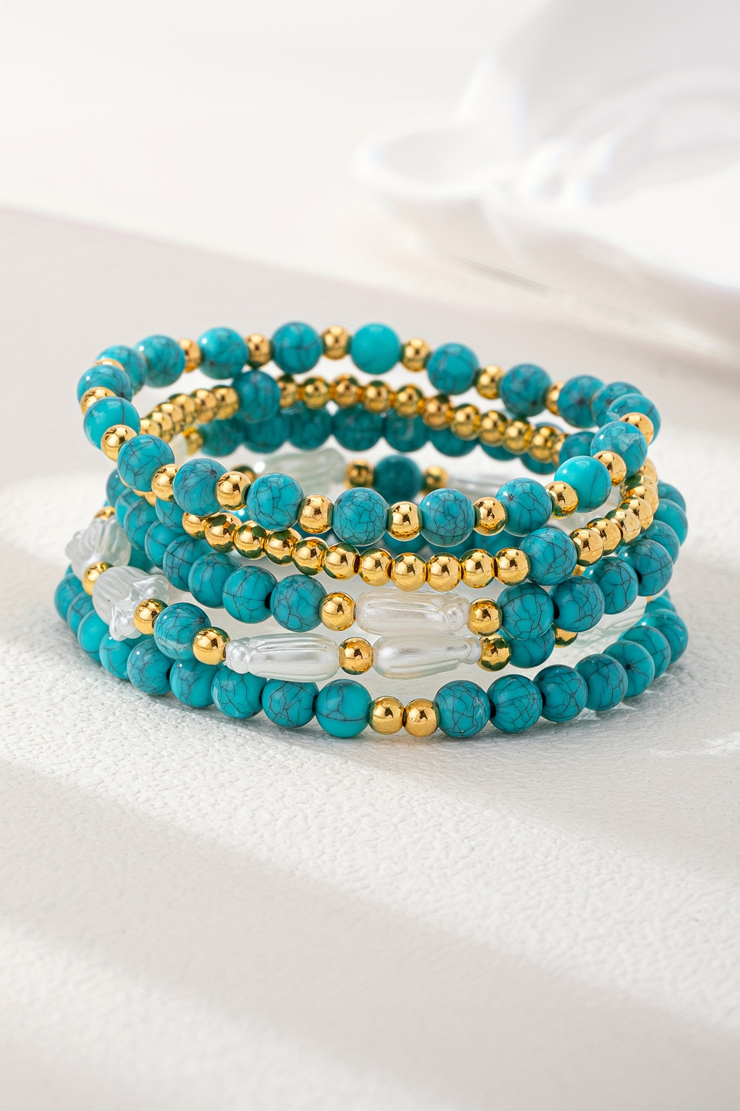 Turquoise Mixed Golden Beads Pearlish Detail 5pcs Bracelet Set