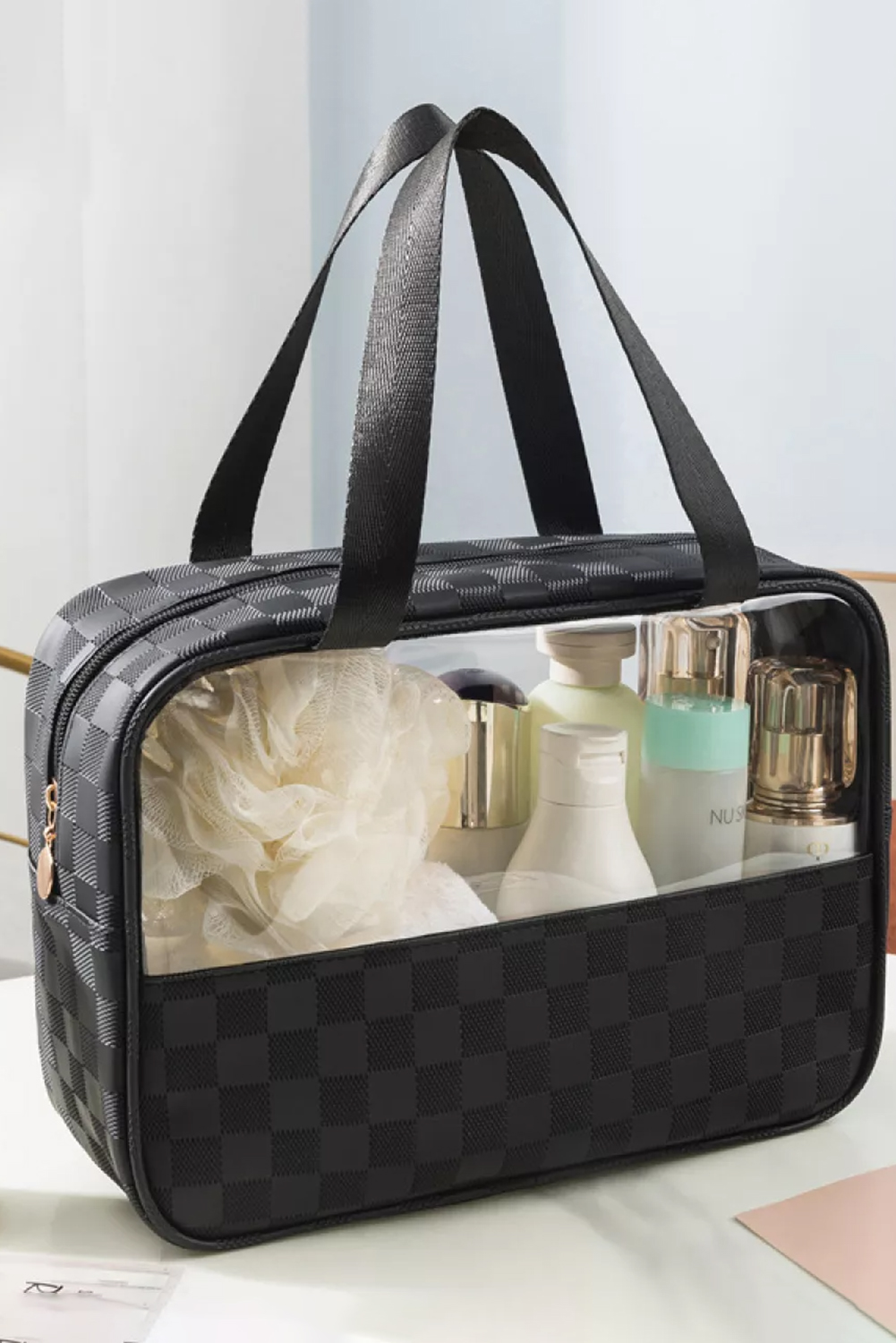 Light Pink TRAVEL Chenille Letter Clear PVC Makeup Bag