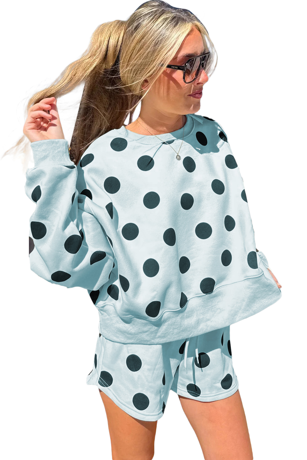 Beige Polka Dot Print Drop Shoulder Pullover Drawstring Jogger Pant Set