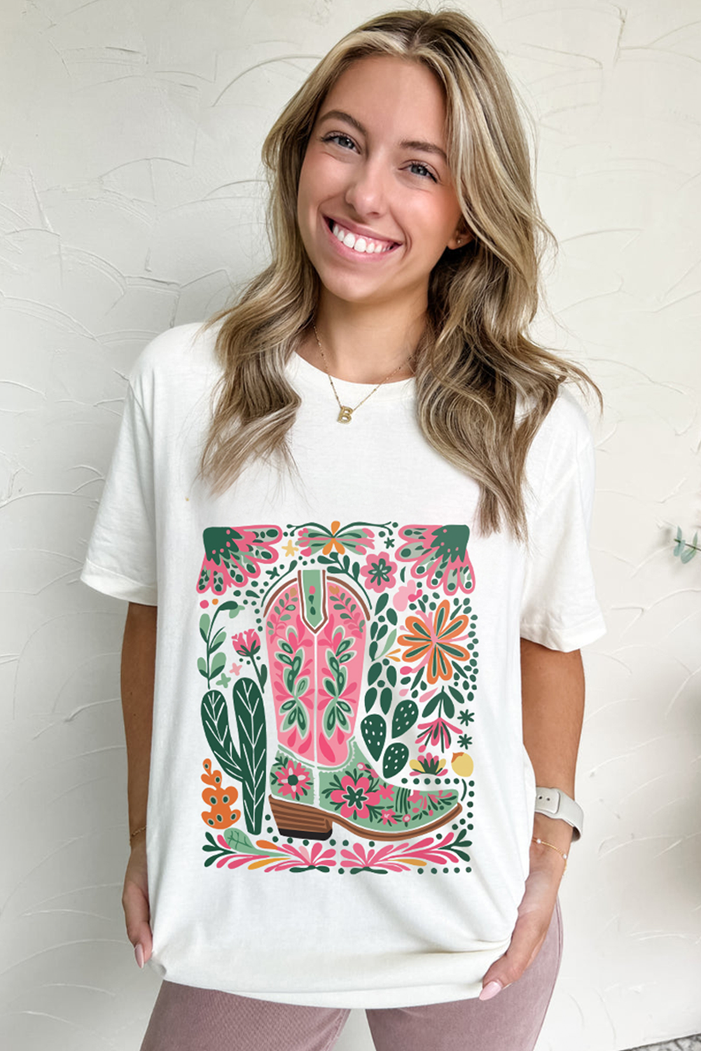 White Western Boot Flower Print Crew Neck Loose Tee