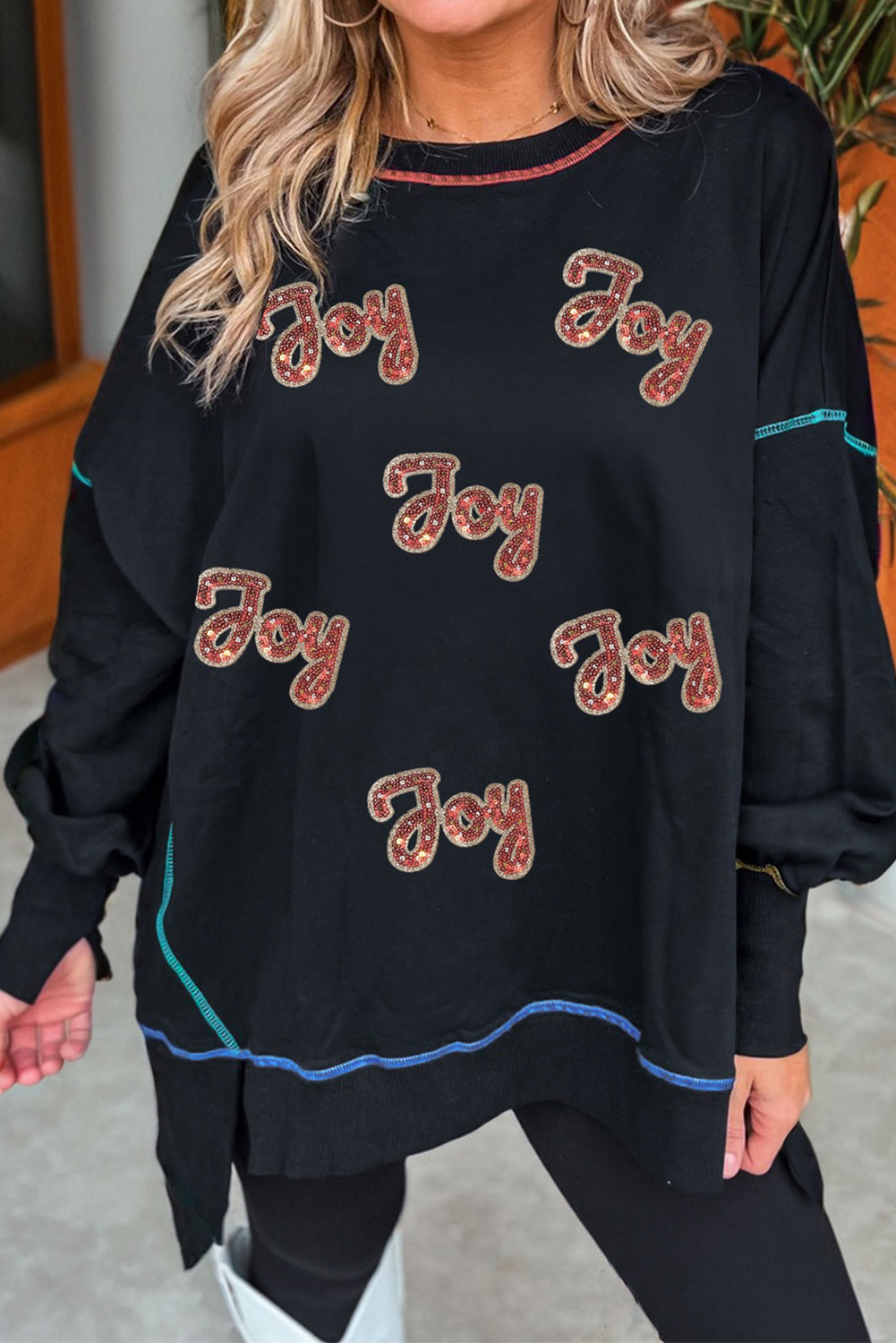 Black Sequin Joy Letter Graphic Contrast Seam Detail Drop Shoulder Sweatshirt