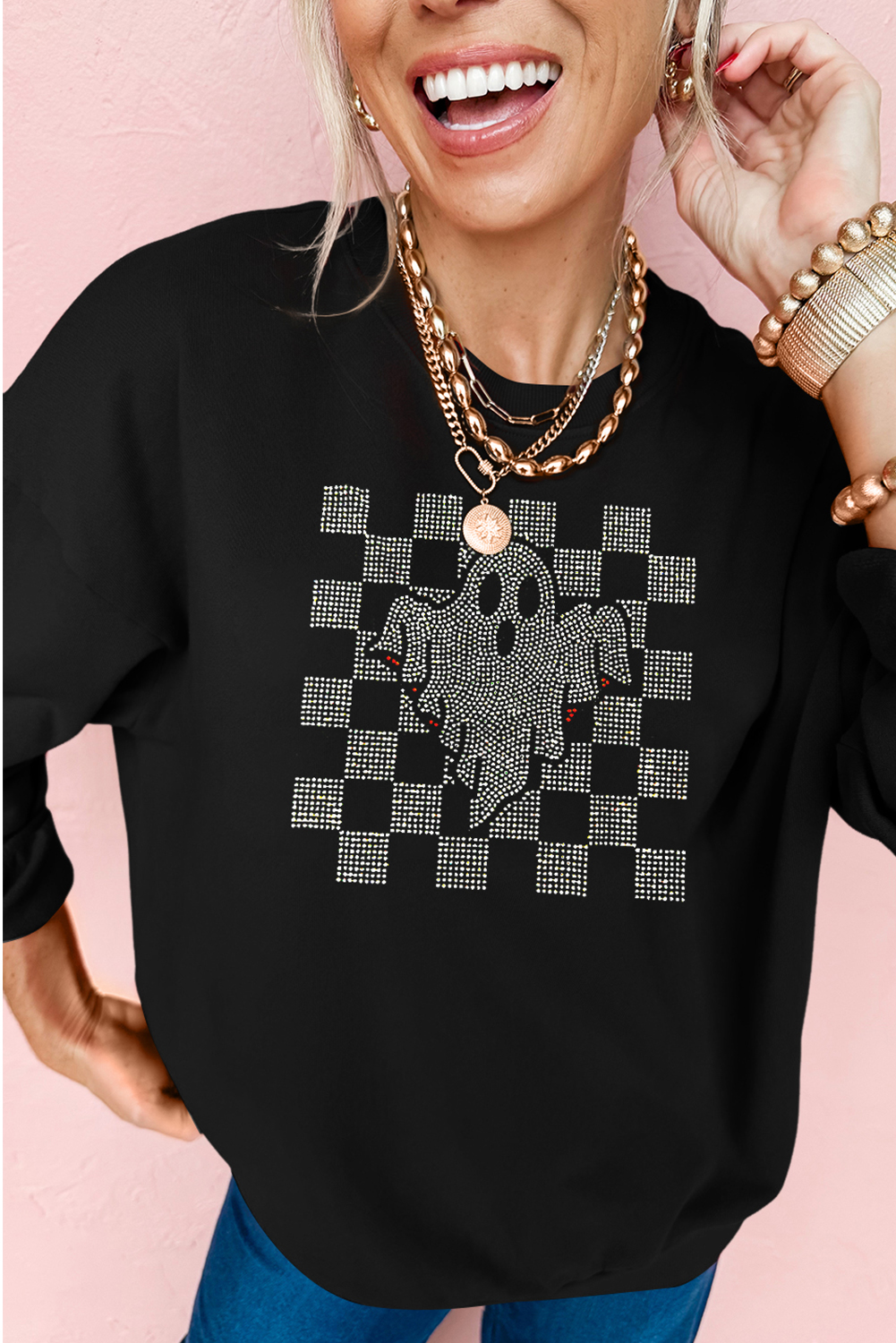 Black Rhinestone Checkered Halloween Ghost Drop Shoulder Sweatshirt