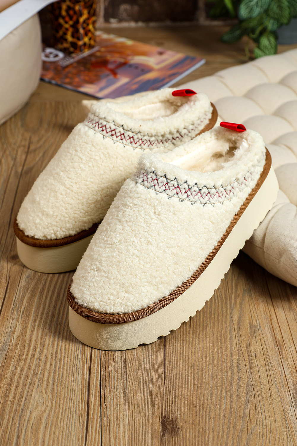 Oatmeal Embroidered Sherpa Plush Thick Sole Snow Boots
